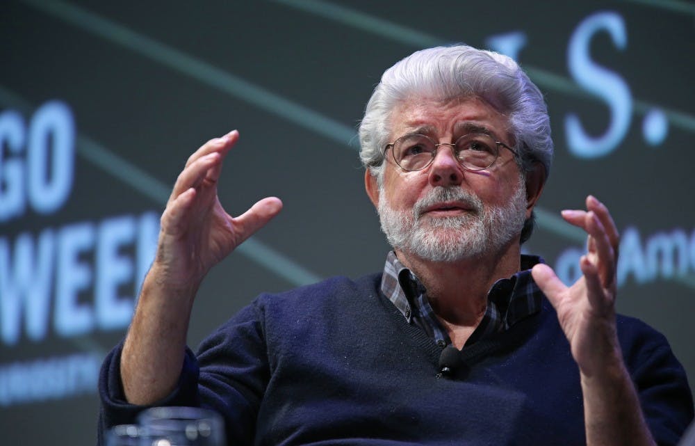 George Lucas is interviewed by Charlie Rose during a Chicago Ideas Week session at the Cadillac Palace Theatre in Chicago on Friday, Oct. 17, 2014. (John J. Kim/Chicago Tribune/MCT)