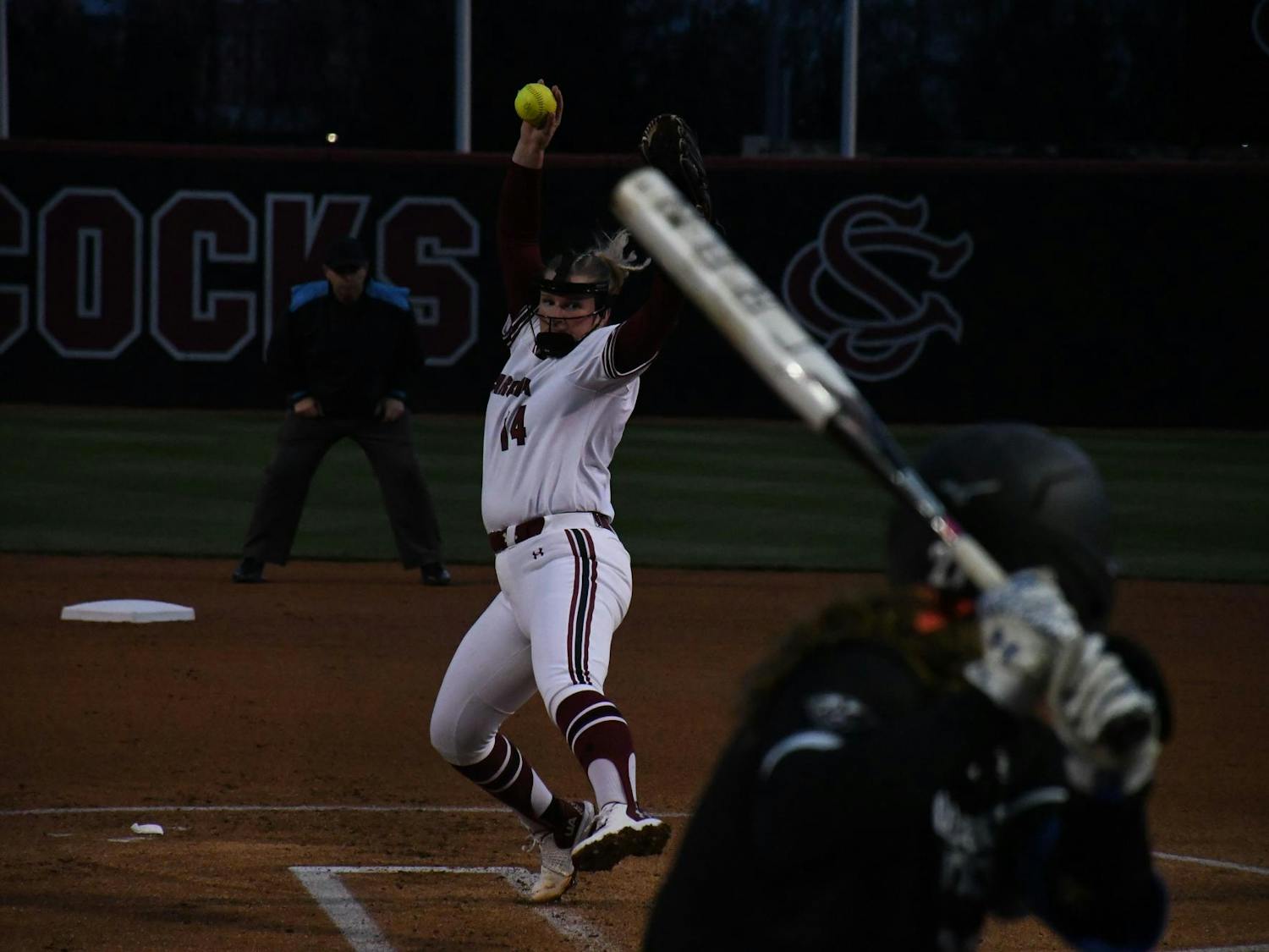Sophmore pitcher Kadie Becker in her pitching motion as South Carolina take on Georgia State on Feb. 13, 2025 at Beckham Field. The Gamecocks went on to win the game 13-0.