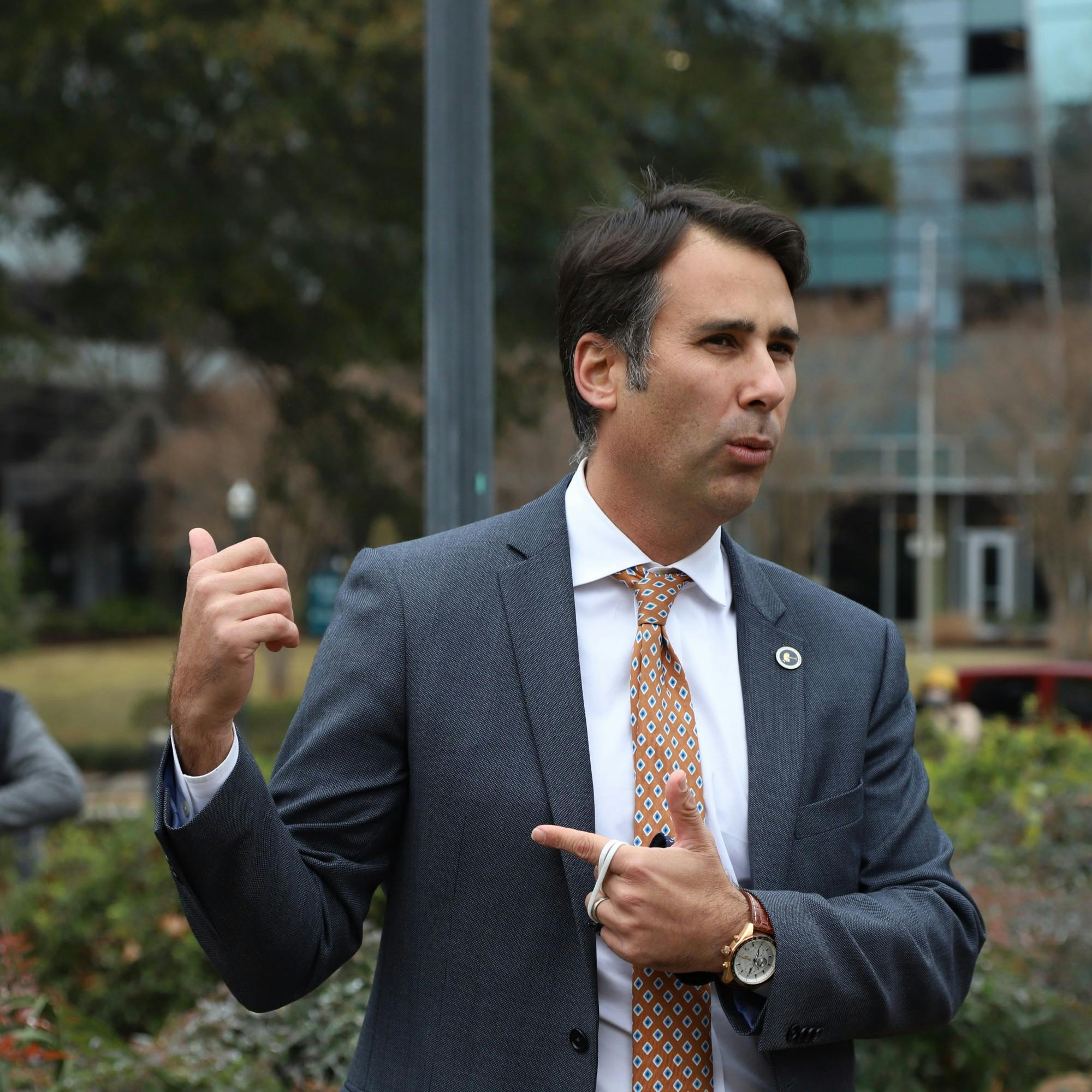 Representative Seth Rose speaks to news stations about his stance on the wanted removal of the Benjamin Tillman statue. Seth Rose sided with the protestors on the matter.