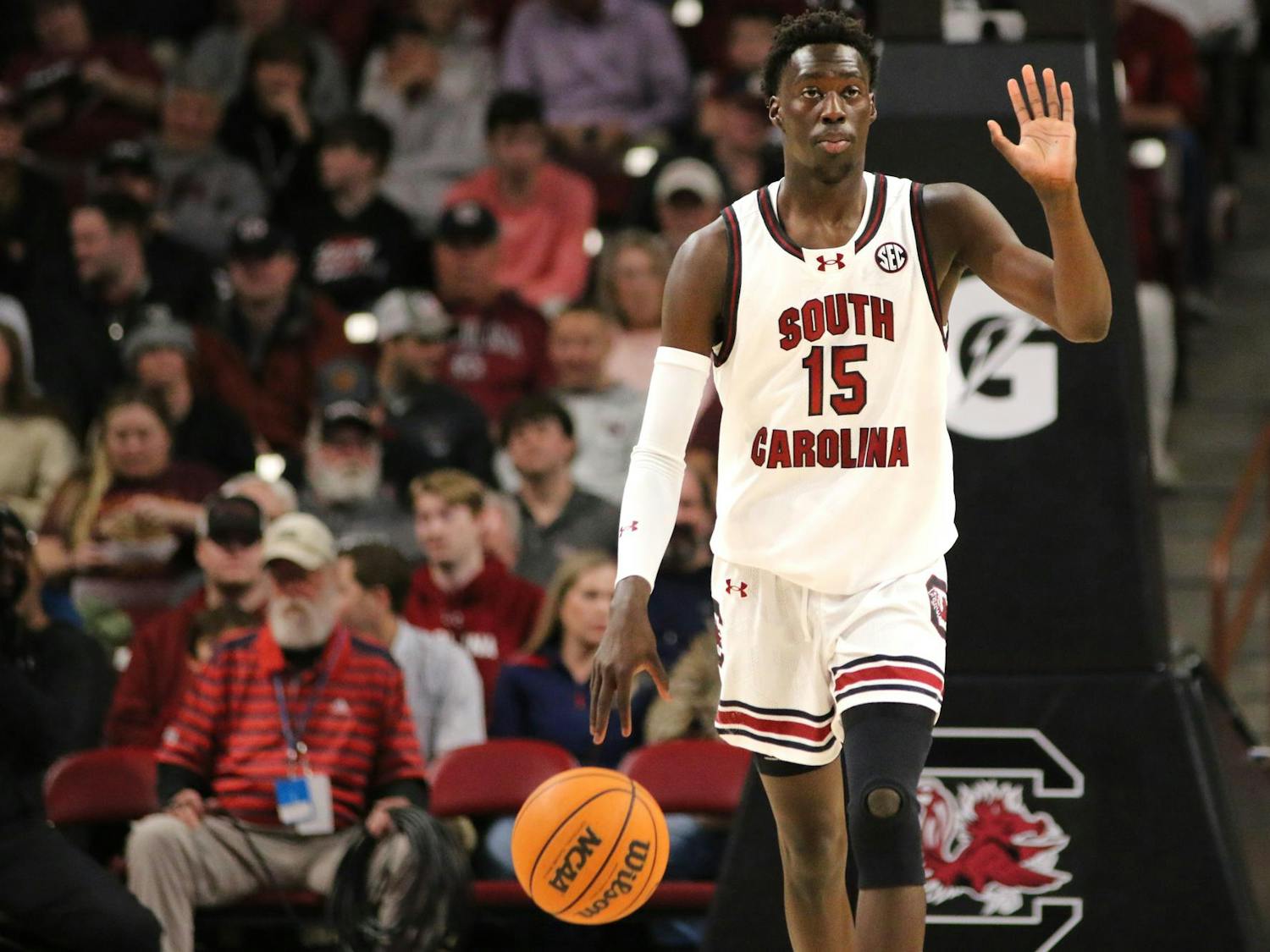 Freshman guard Morris Ugusuk calls a play as he brings the ball upcourt on Jan. 6, 2024. South Carolina beat Mississippi State 68-62 and are now 13-1.