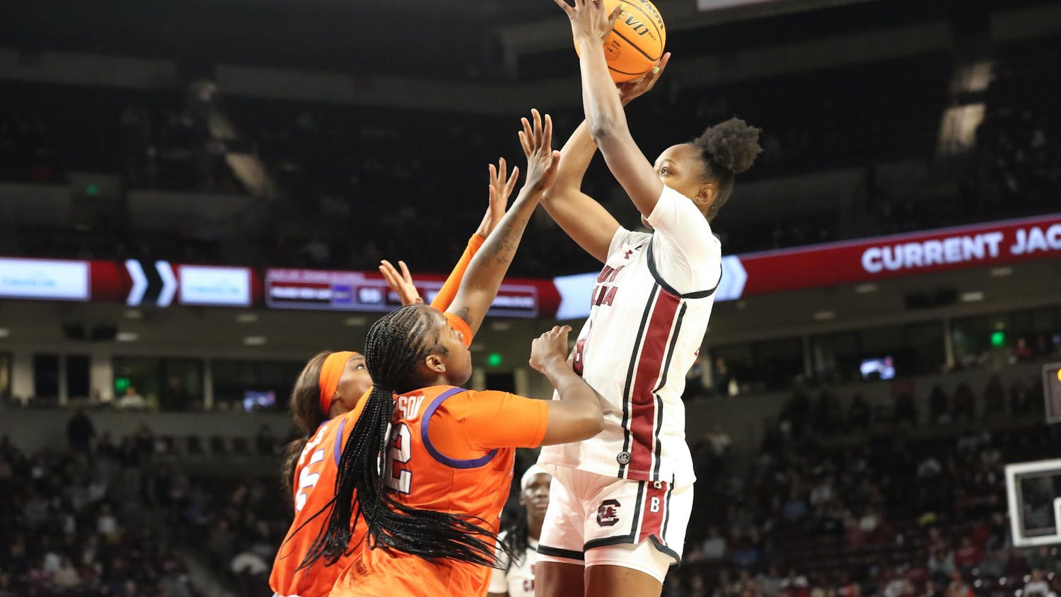 FILE — Sophomore forward Joyce Edwards shoots a jump shot over two defenders against Clemson University on Nov. 11, 2025, at Colonial Life Arena. Edwards finished 8-17 to help the Gamecocks secure their 65-37 win against the Tigers.
