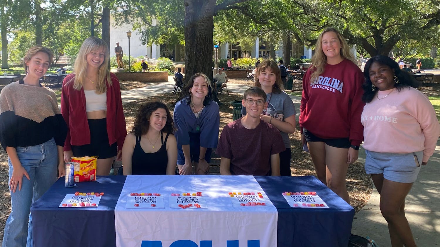 Members of the USC chapter of the ACLU, including Grace Thomas, the president, host the ACLU voter drive on Sept. 27, 2022 at the Clapping Circle at USC's Columbia Campus. USC's ACLU chapter is just one organization on campus that is working to prepare students for the upcoming elections.