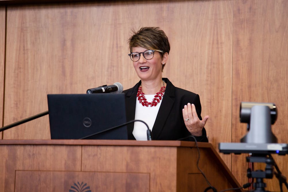 <p>Brandi Hephner LaBanc speaks during a presentation and Q&amp;A session on July 11. Three candidates visited campus throughout July to compete for the position of vice president of student affairs and academic support.&nbsp;</p>