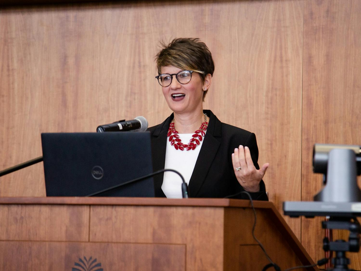 Brandi Hephner LaBanc speaks during a presentation and Q&amp;A session on July 11. Three candidates visited campus throughout July to compete for the position of vice president of student affairs and academic support.&nbsp;