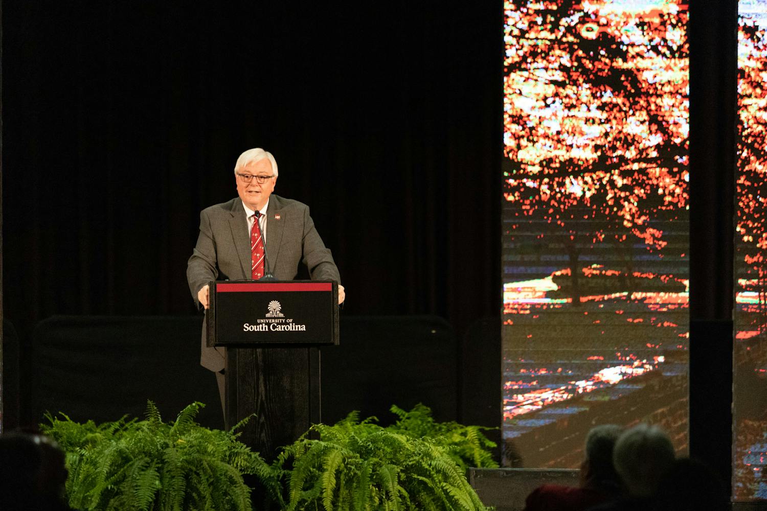 President Michael Amiridis delivers his State of the University Address in the Russell House Ballroom on Sept. 19, 2023. Faculty and students at the university gathered to hear Amiridis reflect on past accomplishments and share the University of South Carolina’s strategic priorities.