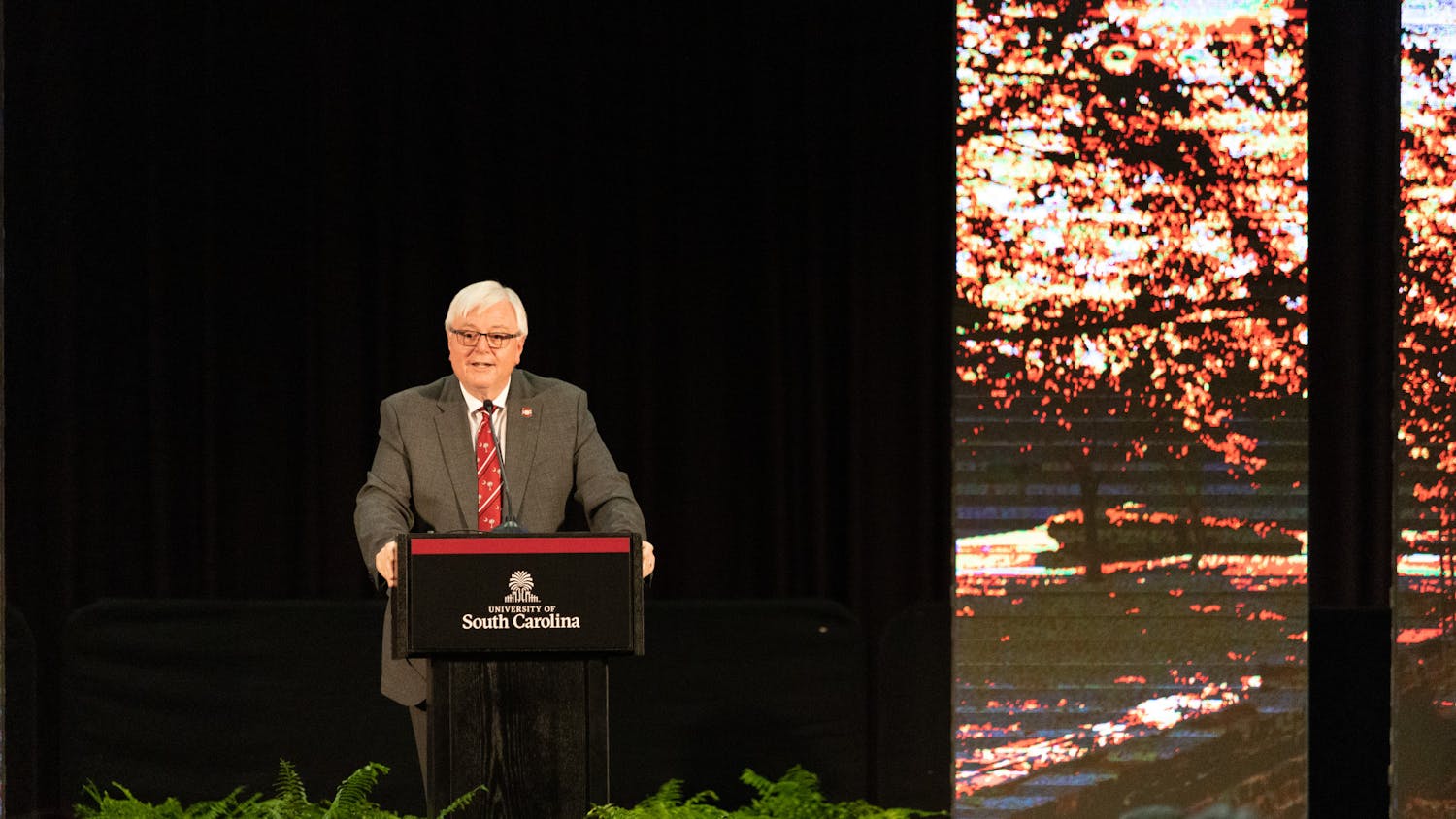 President Michael Amiridis delivers his State of the University Address in the Russell House Ballroom on Sept. 19, 2023. Faculty and students at the university gathered to hear Amiridis reflect on past accomplishments and share the University of South Carolina’s strategic priorities.