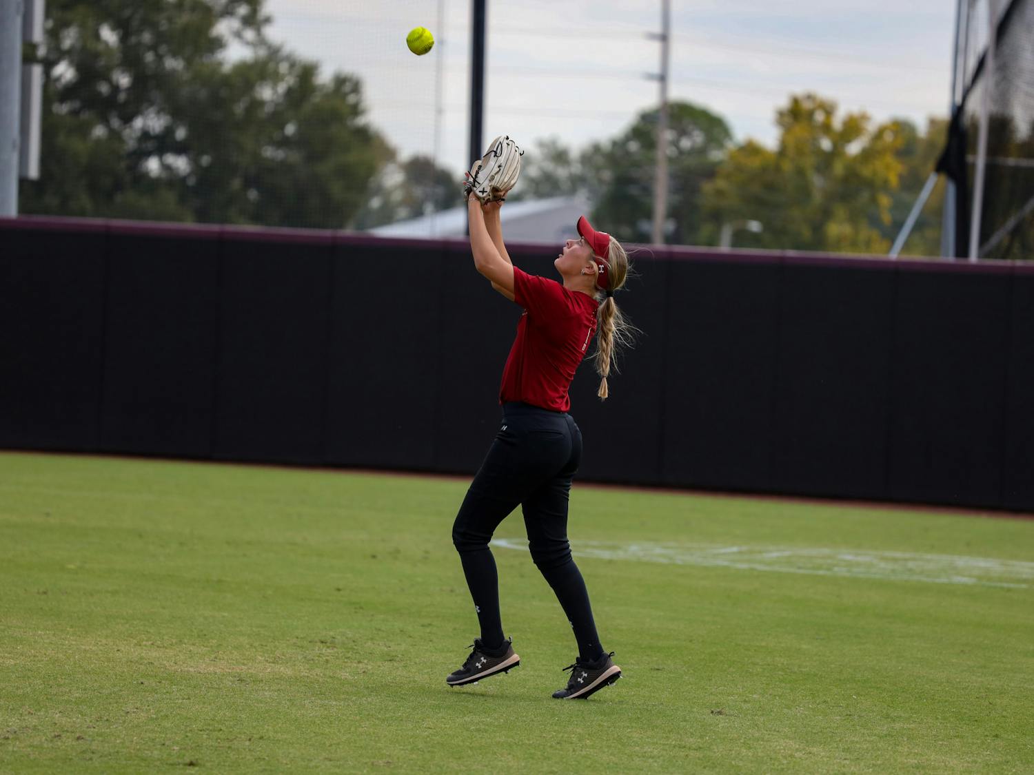 Freshman outfielder Caydra Parker catches the ball for an out during the exhibition game against USC Aiken at Beckham Field on Oct. 9, 2022. &nbsp;The Gamecocks defeated the Pacers 7-0.&nbsp;