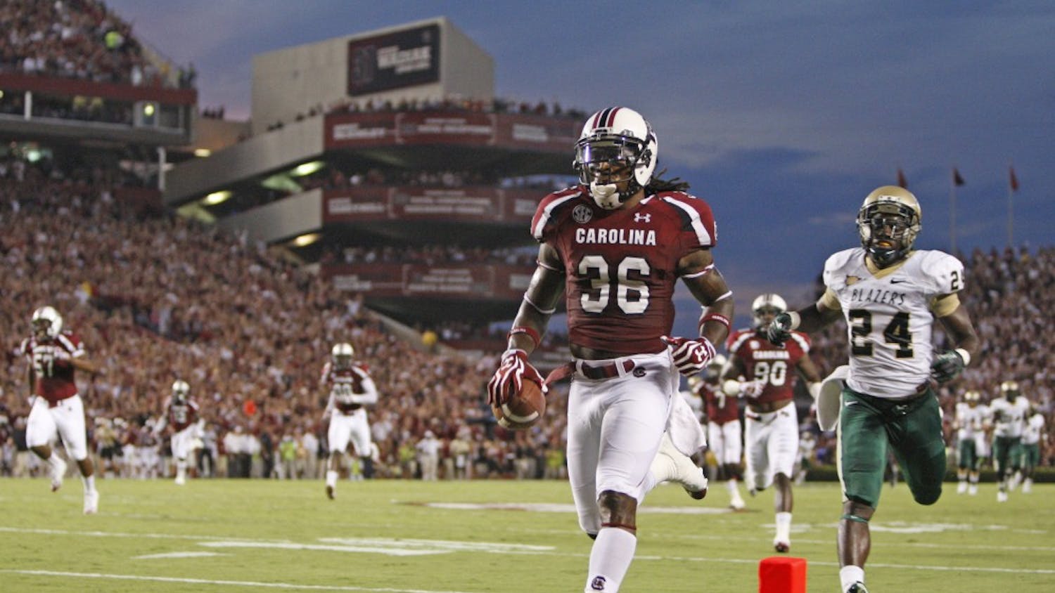 South Carolina safety D.J. Swearinger (36) scores a touchdown after recovering a fumble in the first quarter against Alabama-Birmingham at Williams-Brice Stadium in Columbia, South Carolina, on Saturday, September 15, 2012. (Gerry Melendez/The State/MCT)