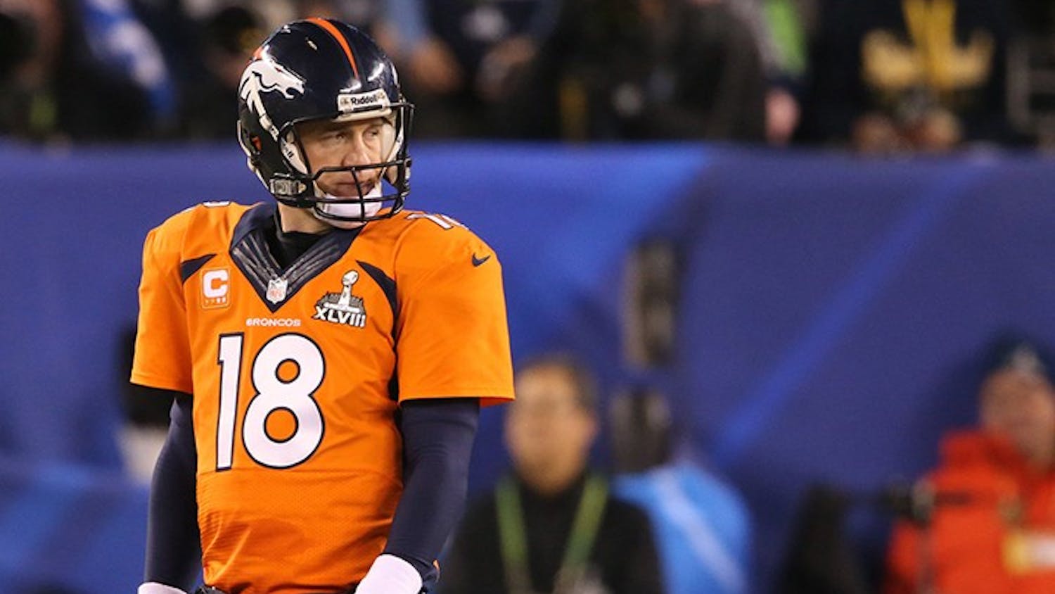 Peyton Manning (18) of the Denver Broncos reacts after a play during the second half of Super Bowl XLVIII against the Seattle Seahawks at MetLife Stadium in East Rutherford, N.J., on Sunday, Feb. 2, 2014. (Lionel Hahn/Abaca Press/MCT)
