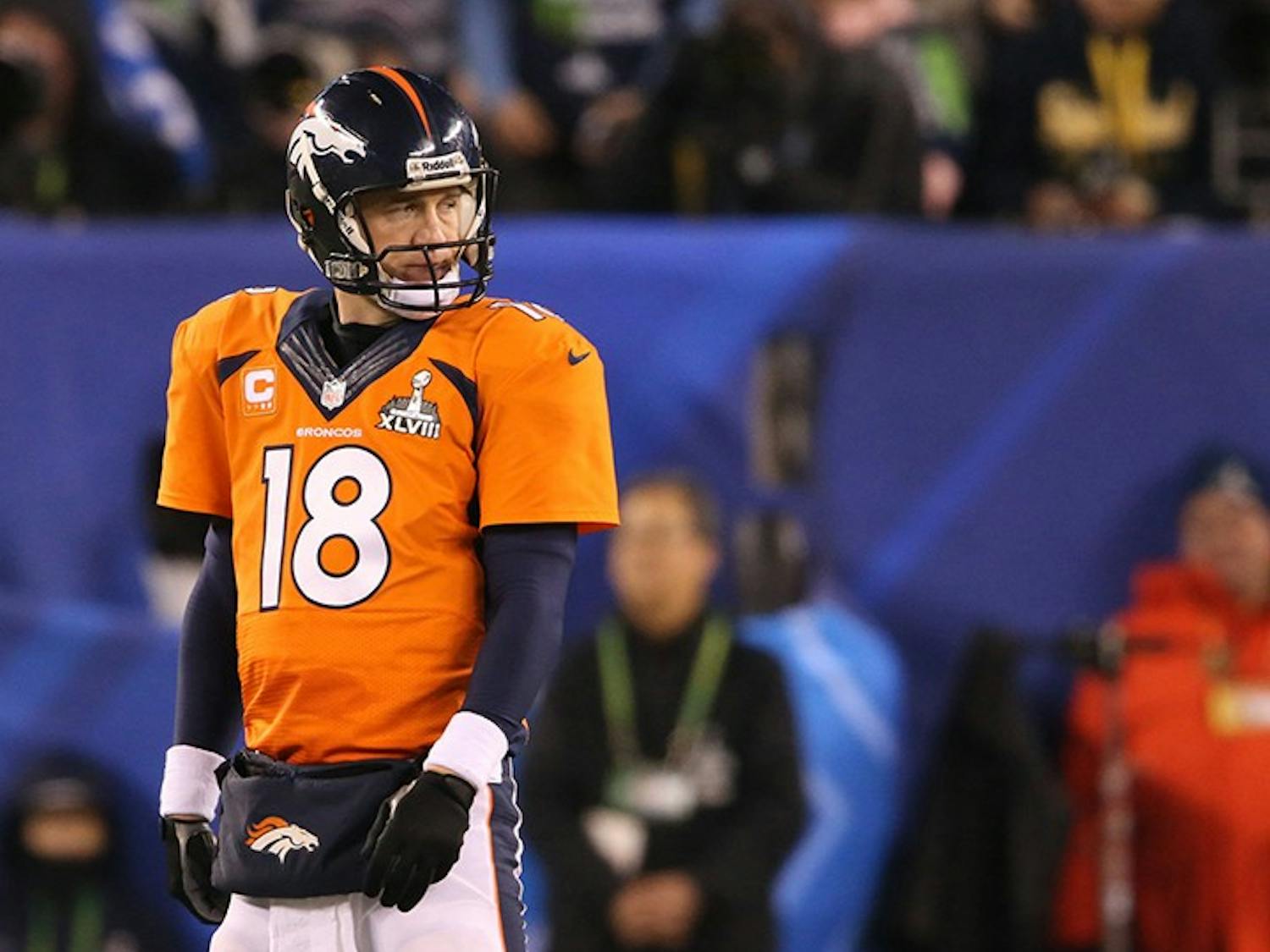 Peyton Manning (18) of the Denver Broncos reacts after a play during the second half of Super Bowl XLVIII against the Seattle Seahawks at MetLife Stadium in East Rutherford, N.J., on Sunday, Feb. 2, 2014. (Lionel Hahn/Abaca Press/MCT)