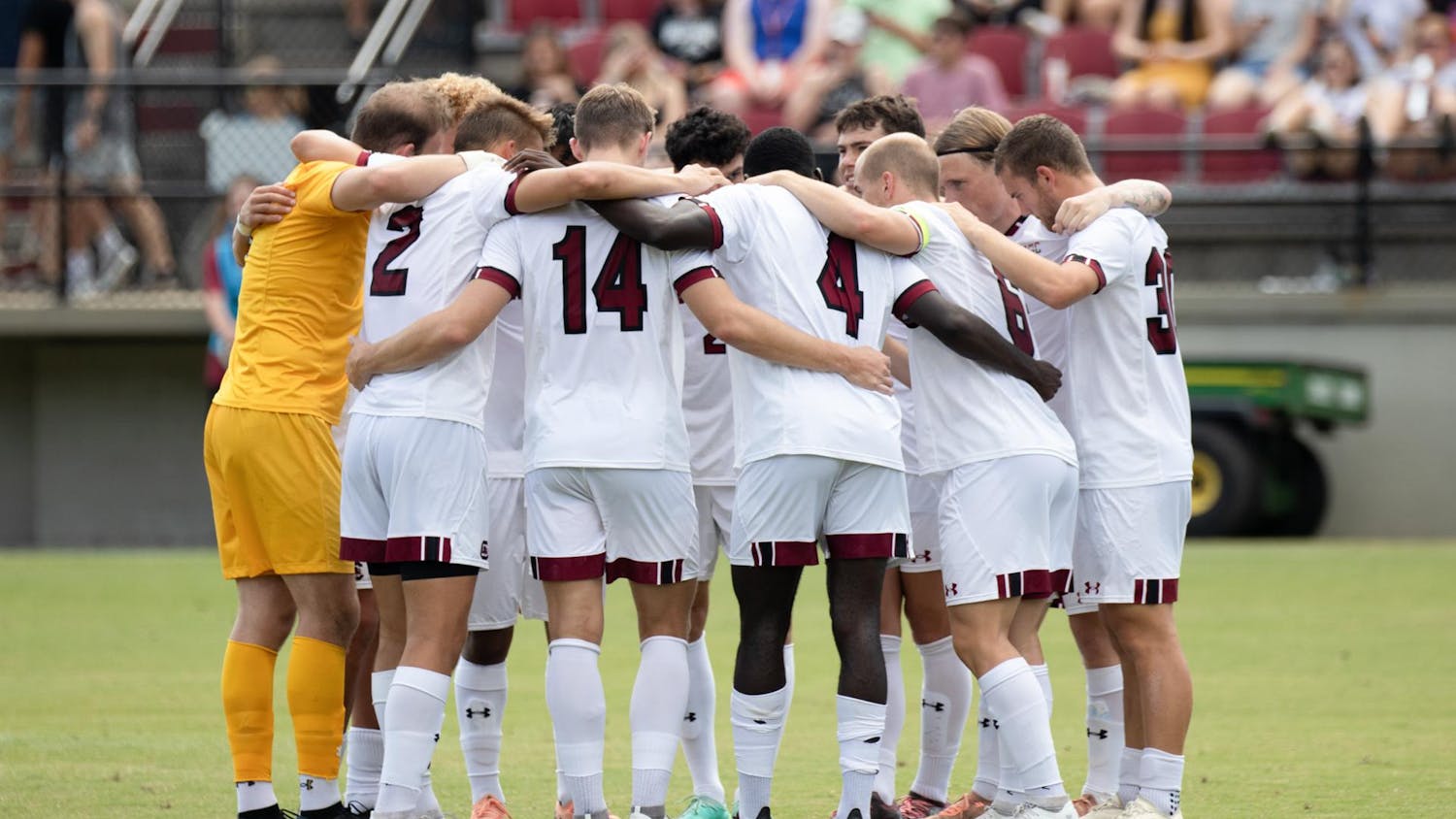 FILE — Members of the Gamecock men’s soccer team huddle together after their pregame ceremony at Eugene Stone Stadium on Aug. 25, 2024. The team has 13 international players on its roster for the 2024 season.