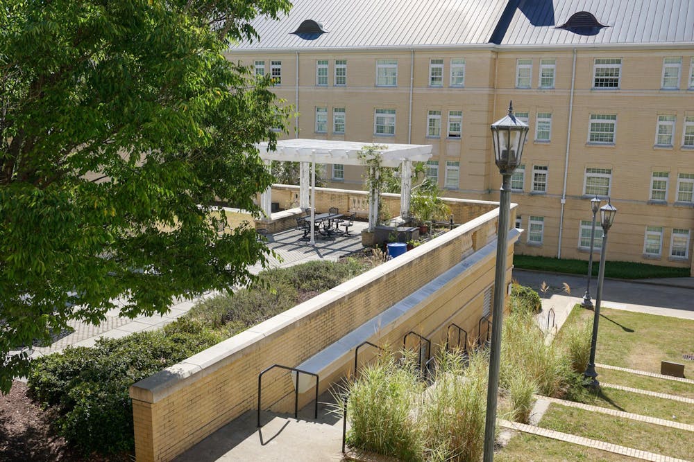 <p>The terrace of Green Quad residence hall shown on April 20, 2026. Student Government seeks to increase green spaces and sustainability around campus.</p>