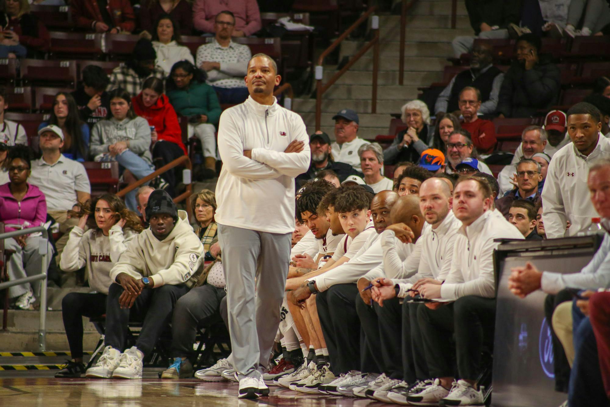 Head coach Lamont Paris watches the Gamecocks play against the Gators on Jan. 28, 2026, at the Colonial Life Arena. The Gamecocks lost 95-48.