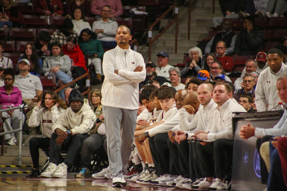 <p>Head coach Lamont Paris watches the Gamecocks play against the Gators on Jan. 28, 2026, at the Colonial Life Arena. The Gamecocks lost 95-48.</p>