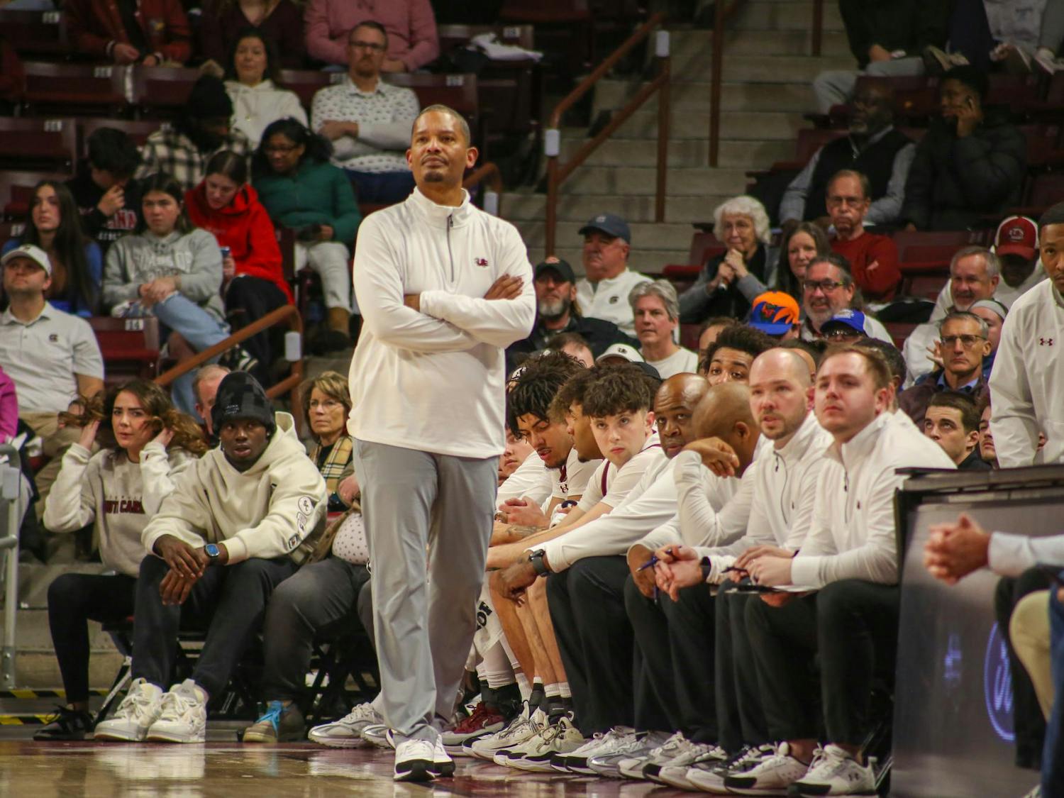 Head coach Lamont Paris watches the Gamecocks play against the Gators on Jan. 28, 2026, at the Colonial Life Arena. The Gamecocks lost 95-48.