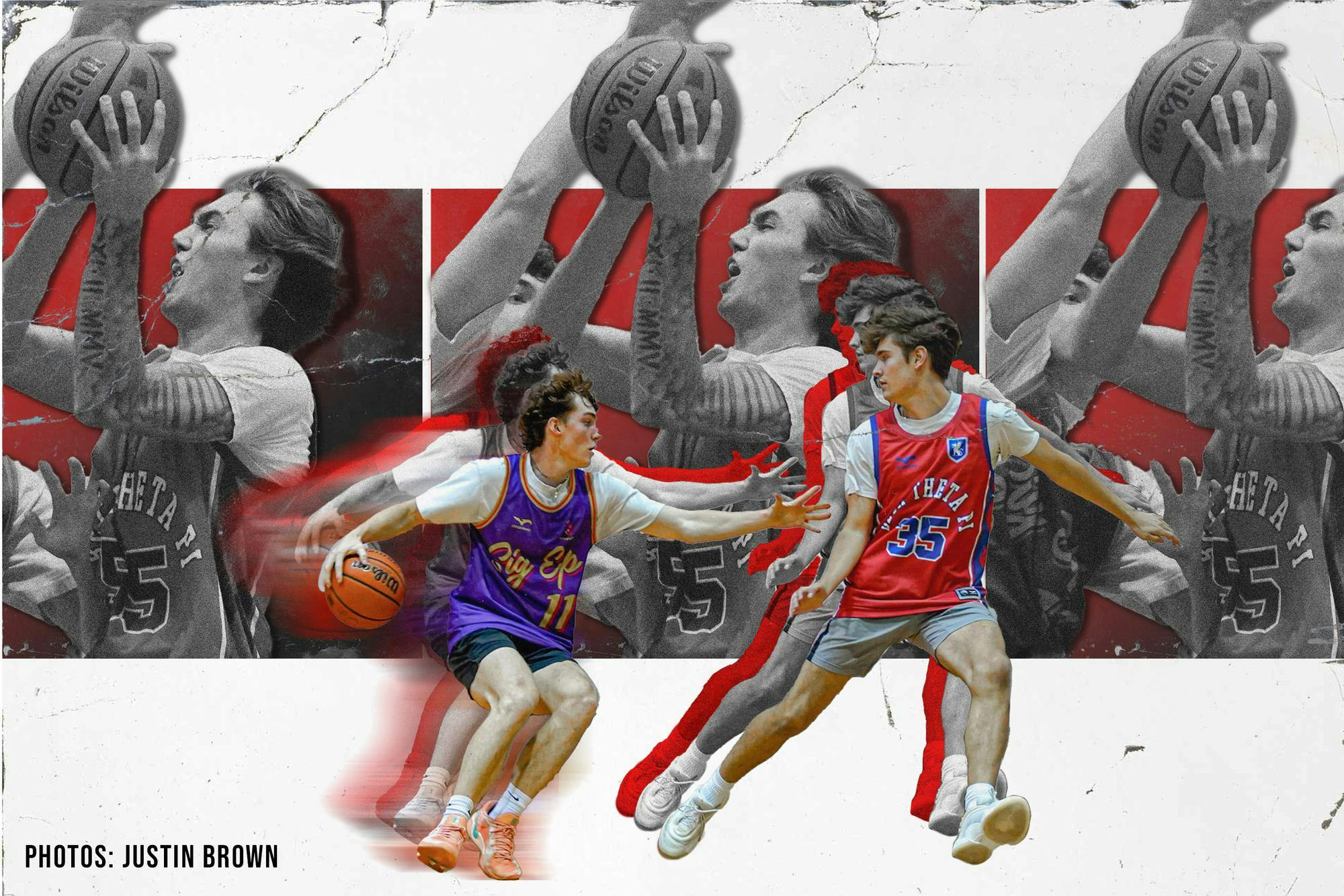 Pictured in the center is Tyler Flynn, a third-year finance student of Sigma Phi Epsilon, as he brings the ball up the court against a Beta Theta Pi member at Blatt PEC on Oct. 1, 2025. In the background, Kurt Lesho, a third-year finance student from Sigma Phi Epsilon, attempts to stop Jake Solomon, a second-year undeclared student of Beta Theta Pi, from making a basket on Oct. 1, 2025.