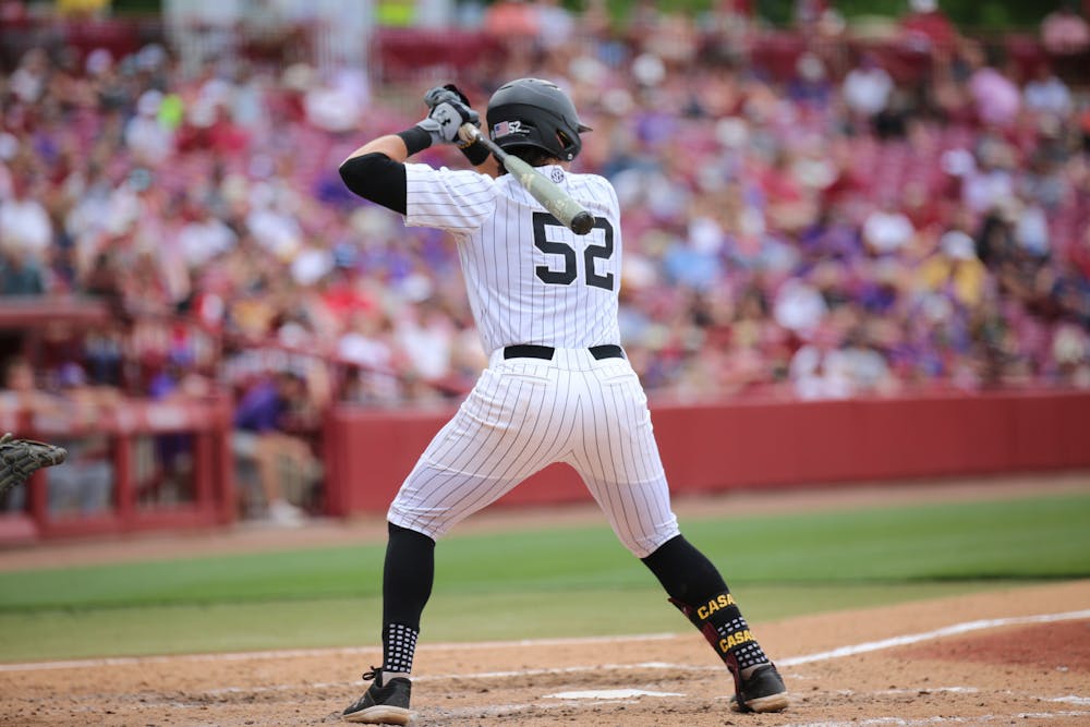 <p>FILE—Junior first baseman Gavin Casas steps up to the plate during the Gamecock's second game against LSU on April 7, 2023. Casas has made 15 home runs this season. &nbsp;</p>
