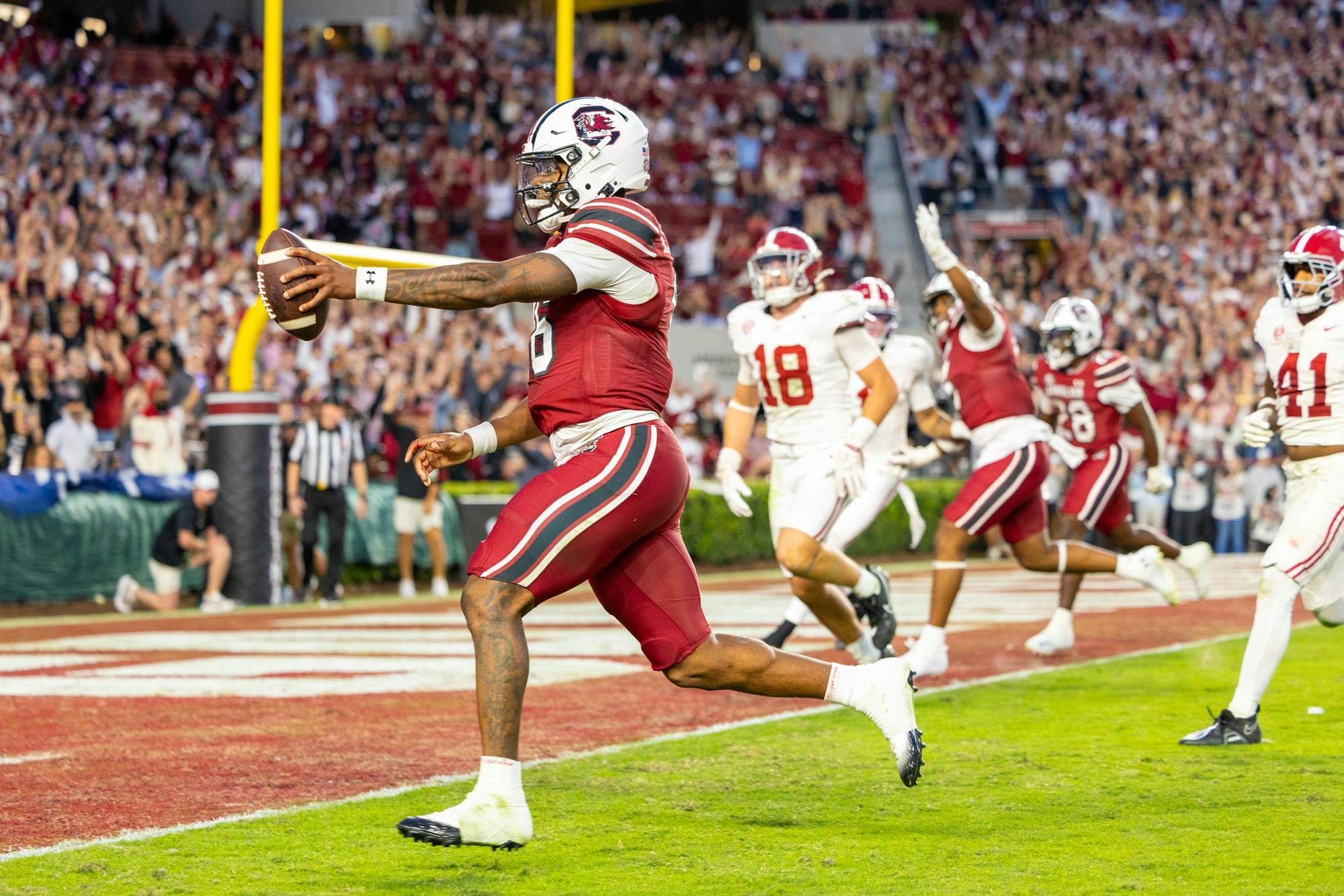 Redshirt sophomore quarterback LaNorris Sellers runs the ball into the end zone for a touchdown against Alabama on Oct. 25, 2025, at Williams-Brice Stadium. Sellers tallied 67 rushing yards and 222 passing yards in the Gamecocks’ 29-22 loss to the Crimson Tide.