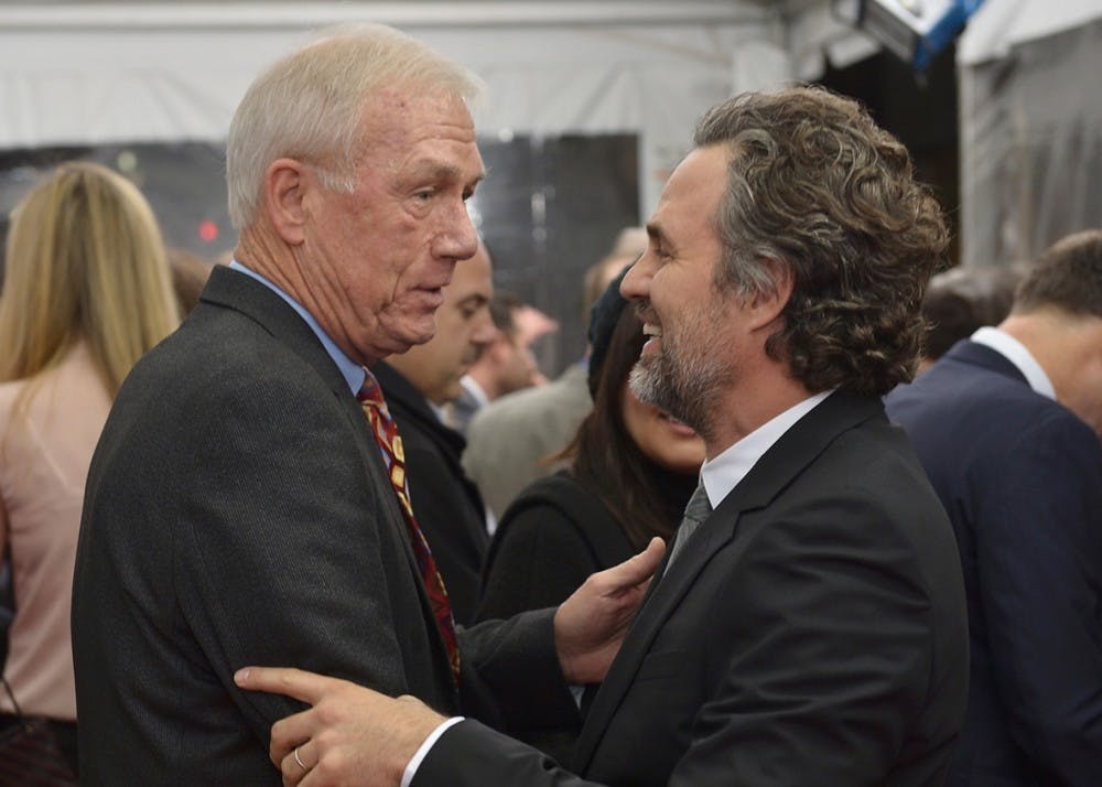 <p>Journalist Walter "Robby" Robinson and actor Mark Ruffalo at the "Spotlight" premier in October 2015.</p>