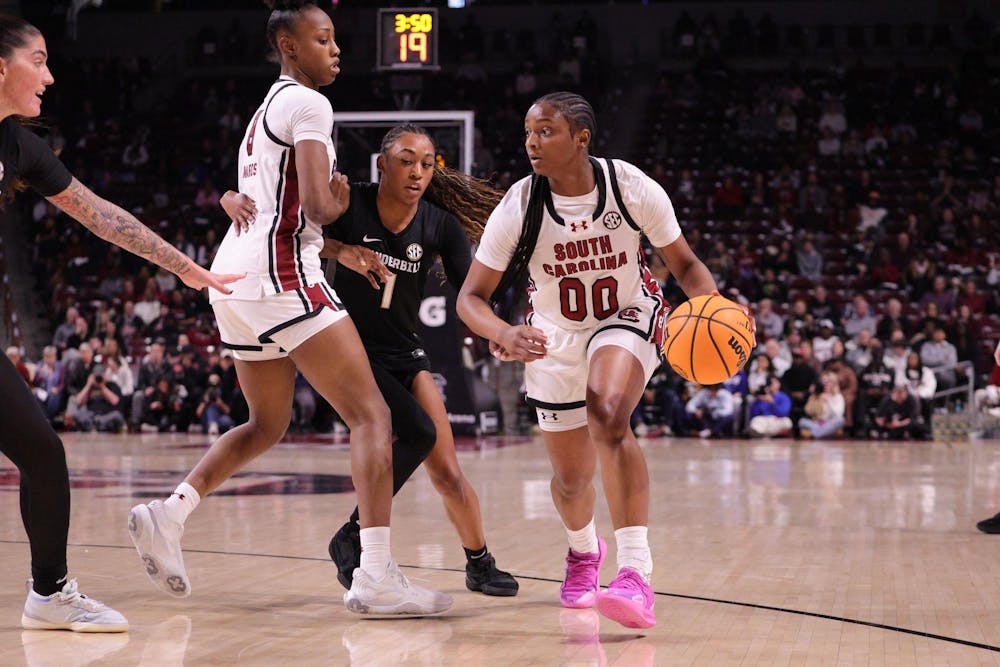<p>Senior guard Ta'Niya Latson drives toward the basket during the Gamecocks’ matchup with Vanderbilt at Colonial Life Arena on Jan. 25. Her play helped South Carolina keep control in its 103-74 win.</p>