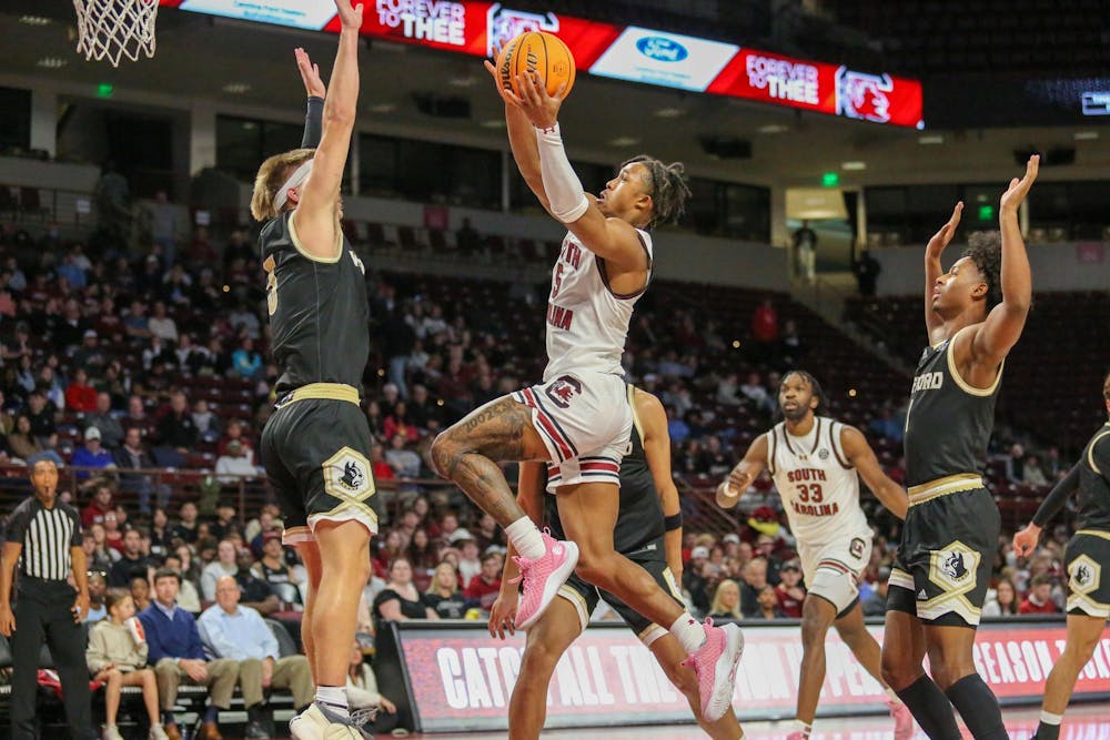 <p>Junior guard Meechie Johnson lunges towards the hoop during South Carolina’s exhibition game against Wofford at Colonial Life Arena on Nov. 1, 2023. Johnson had 2 points as the Gamecocks won the game 60-57.</p>