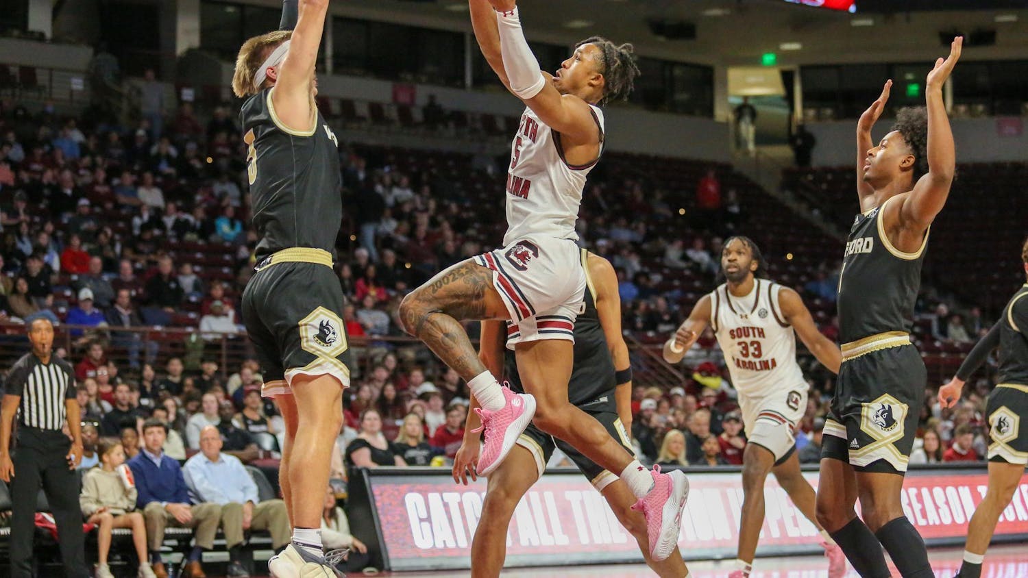 Junior guard Meechie Johnson lunges towards the hoop during South Carolina’s exhibition game against Wofford at Colonial Life Arena on Nov. 1, 2023. Johnson had 2 points as the Gamecocks won the game 60-57.