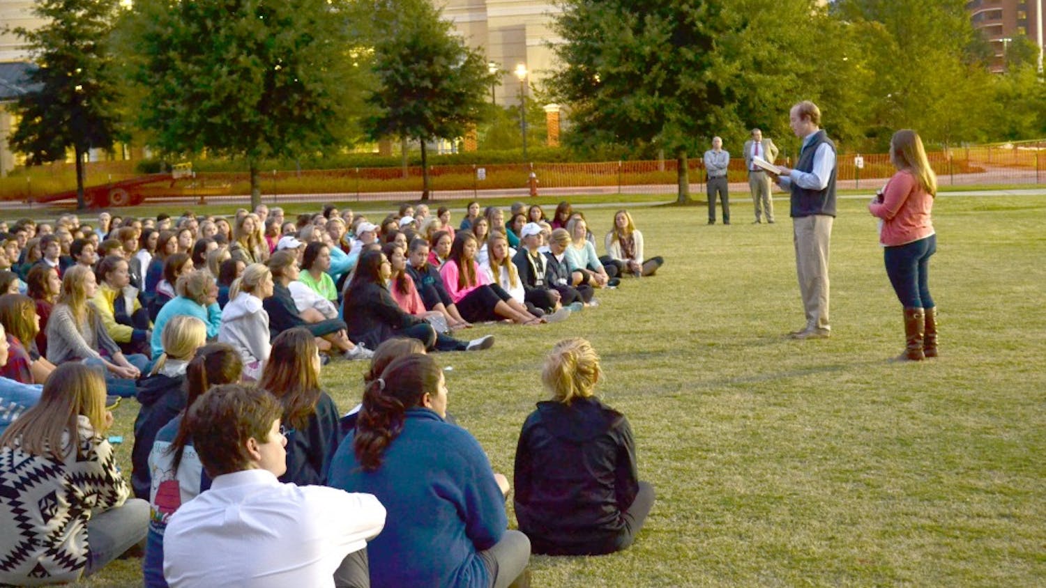 	Braxton Towery and his wife, Shelley, of Carolina CRU and Greek Impact, led students in a time of prayer and scripture in support of Martha Childress, the victim of Sunday’s shooting.