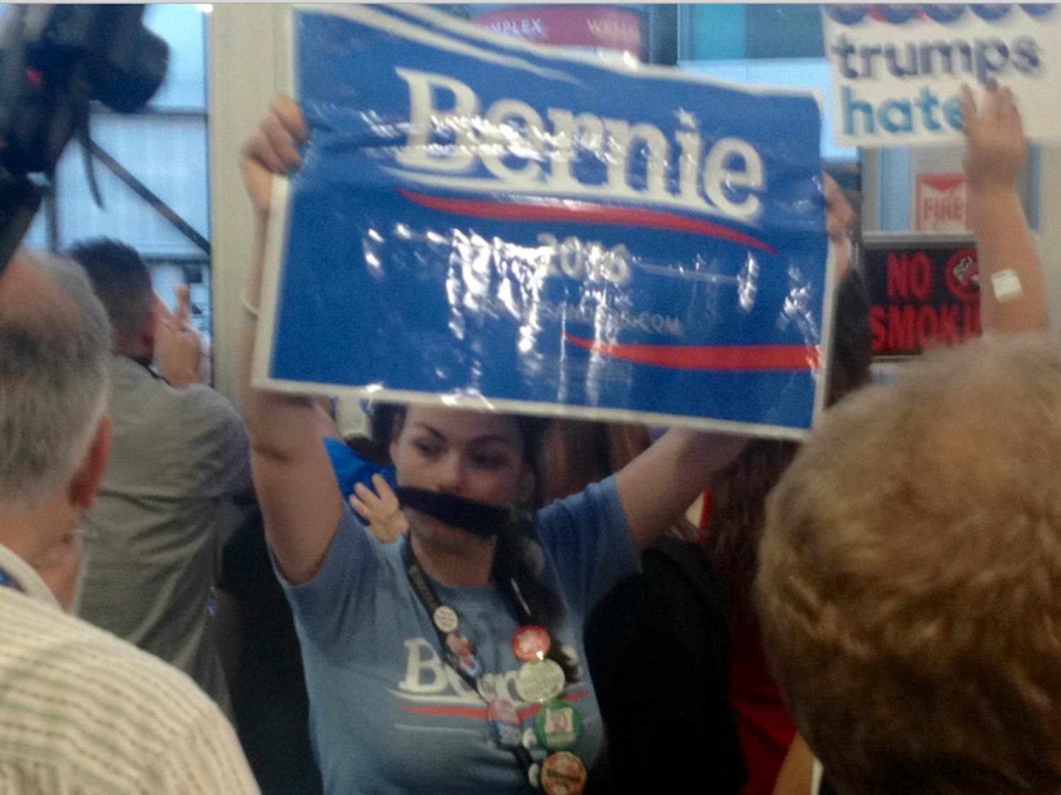 A Bernie Sanders delegate protests inside the media center at the Democratic National Convention in Philadelphia on July 26, 2016.