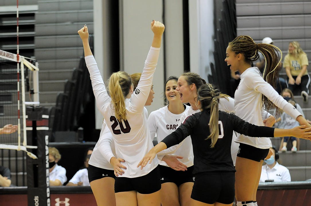 The Women’s Volleyball team is greeted by teammates after their 3-0 victory against Alabama. This win follows the loss against Alabama on the previous day.
