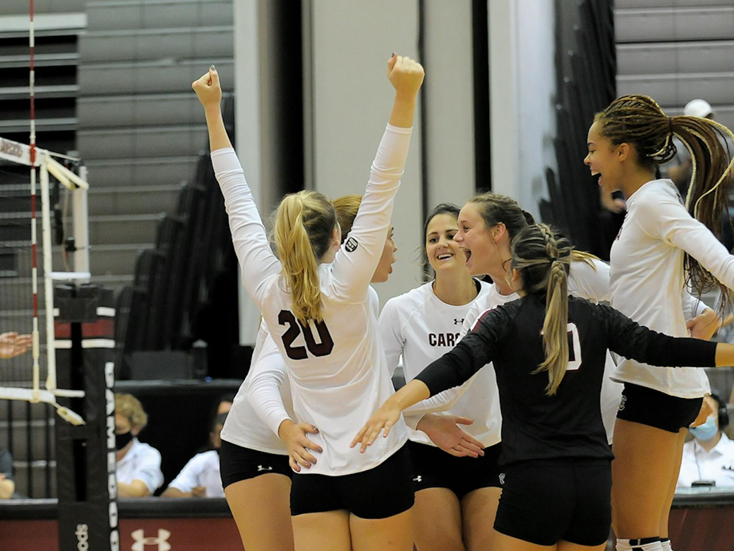 The Women’s Volleyball team is greeted by teammates after their 3-0 victory against Alabama. This win follows the loss against Alabama on the previous day.