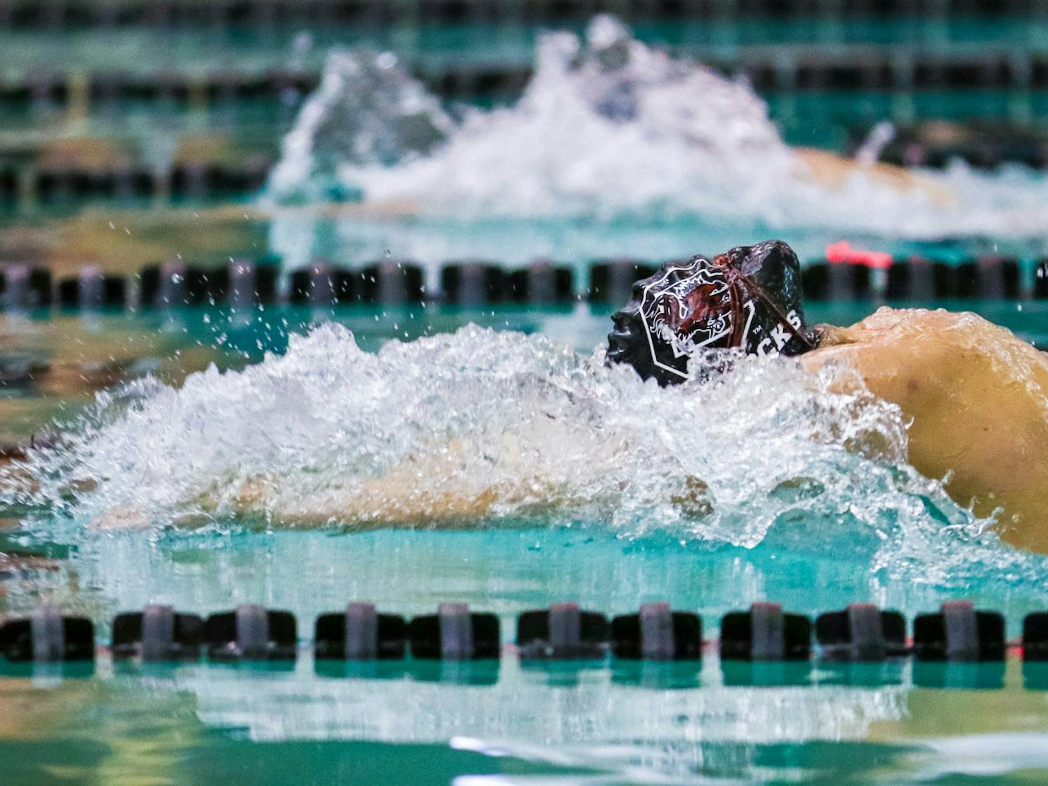 Now-senior Maddy Norford swims the 100-meter breaststroke during the Gamecocks’ meet against Georgia Tech on Jan. 18, 2020. The team earned a win at home, 197-103. &nbsp;