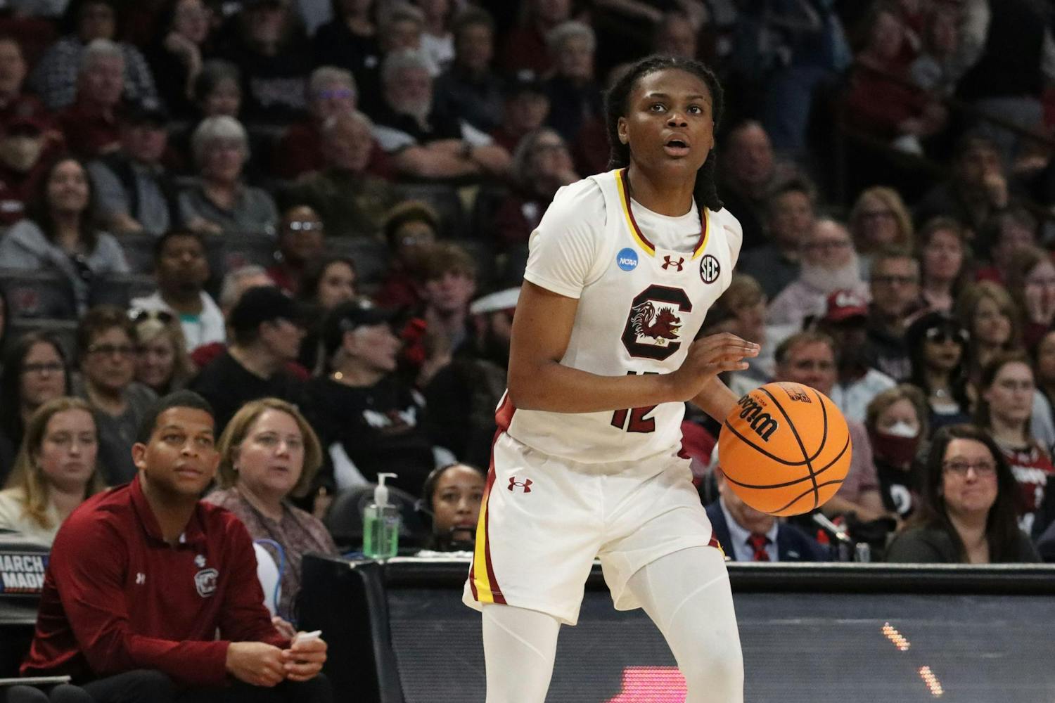 Freshman guard MiLaysia Fulwiley prepares to shoot in South Carolina's second-round game against North Carolina in the 2024 NCAA Women’s Tournament on March 24, 2024. Fulwiley scored 20 points in the ɫɫƵs’ 88-41 win over the Tar Heels.