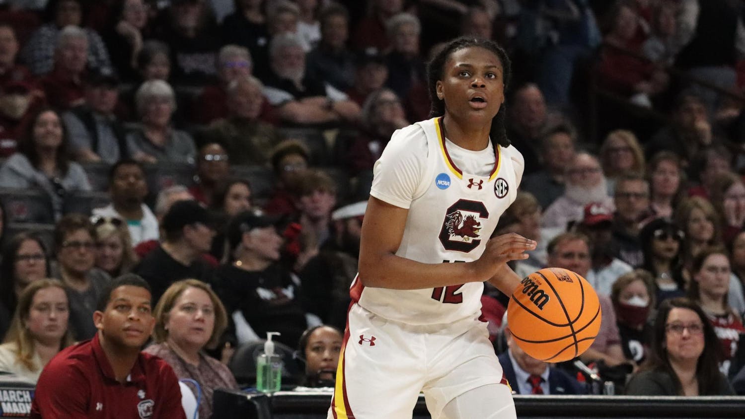 Freshman guard MiLaysia Fulwiley prepares to shoot in South Carolina's second-round game against North Carolina in the 2024 NCAA Women’s Tournament on March 24, 2024. Fulwiley scored 20 points in the Gamecocks’ 88-41 win over the Tar Heels.