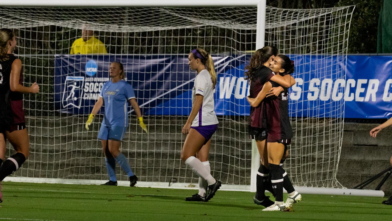 Junior midfielder Lily Render hugs senior forward Corinna Zullo in celebration of Render's second goal of the game against James Madison on Nov. 10, 2023. With the win, the Gamecocks advanced to the second round of the Women's College Cup, and Render now has four goals on the season.