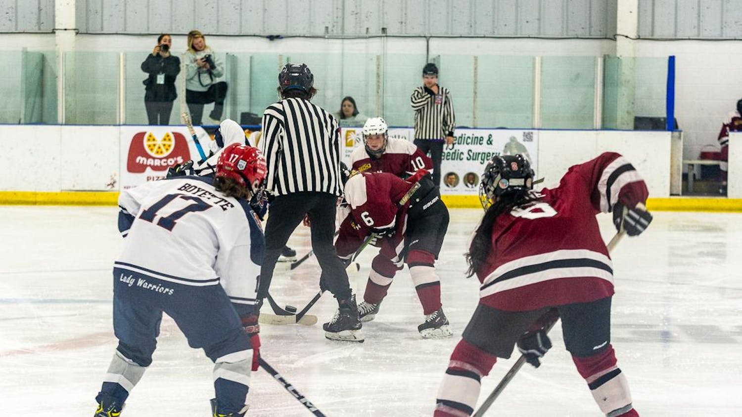 The South Carolina Women's Club Ice Hockey team and the U-19 South Carolina Lady Warriors get ready to face off during the first period of an exhibition matchup on Oct. 1, 2023. The game marked the first collegiate women's hockey game played in South Carolina.