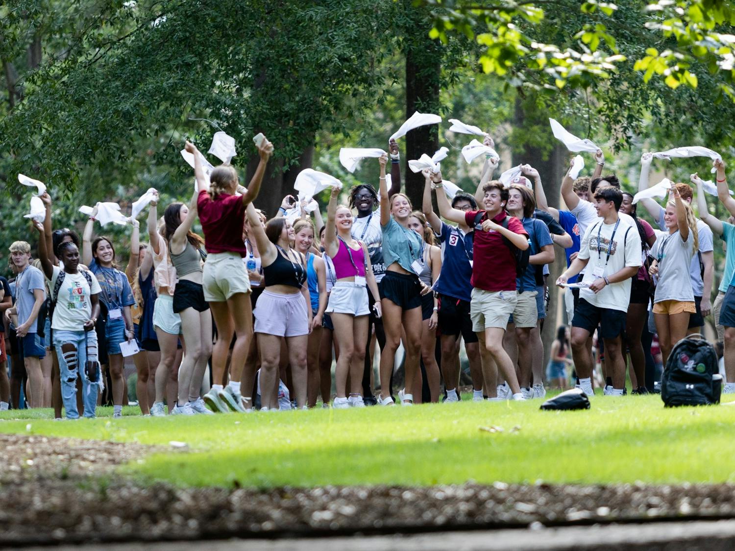 A group of first-year students practice sandstorm during an orientation session on July 20, 2022. Students listened to presentations, toured campus and played games during sessions held throughout the summer.