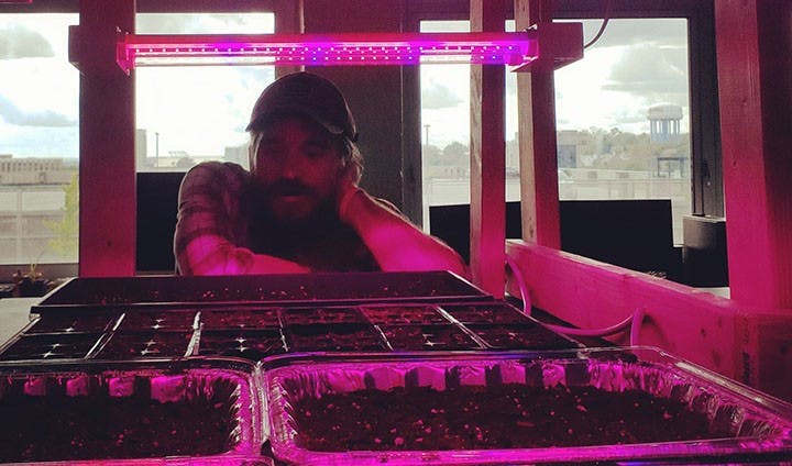 In his home, graduate student Pete Tereszkiewicz observes seeds he planted as part of his research.