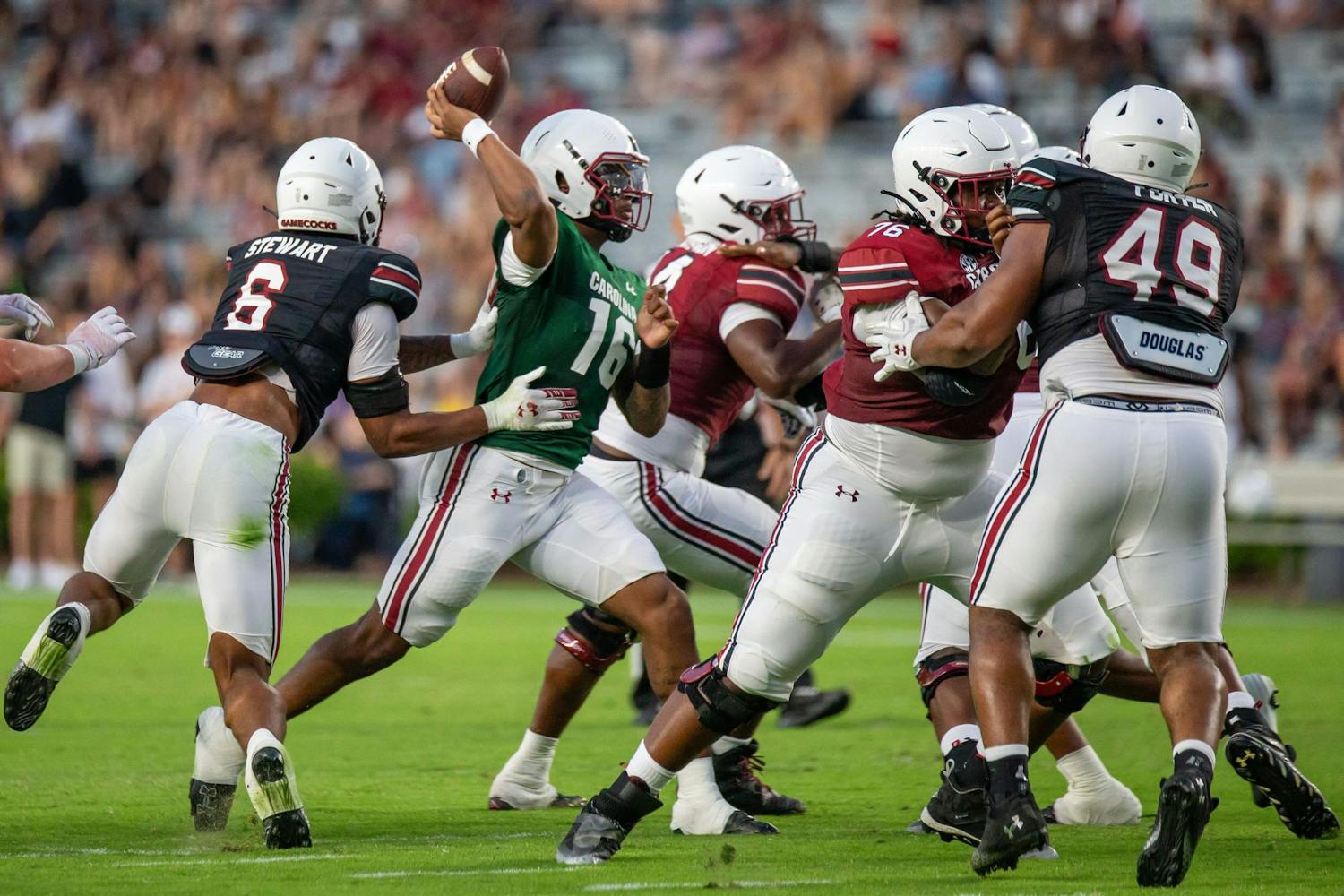 More than 32,000 fans gathered in Columbia to watch South Carolina football compete in the 2024 Garnet &amp; Black Spring Game at Williams-Brice Stadium on April 20, 2024. The Garnet team rushed to an early lead in the first drive of the game and ultimately defeated the Black team 17-0.