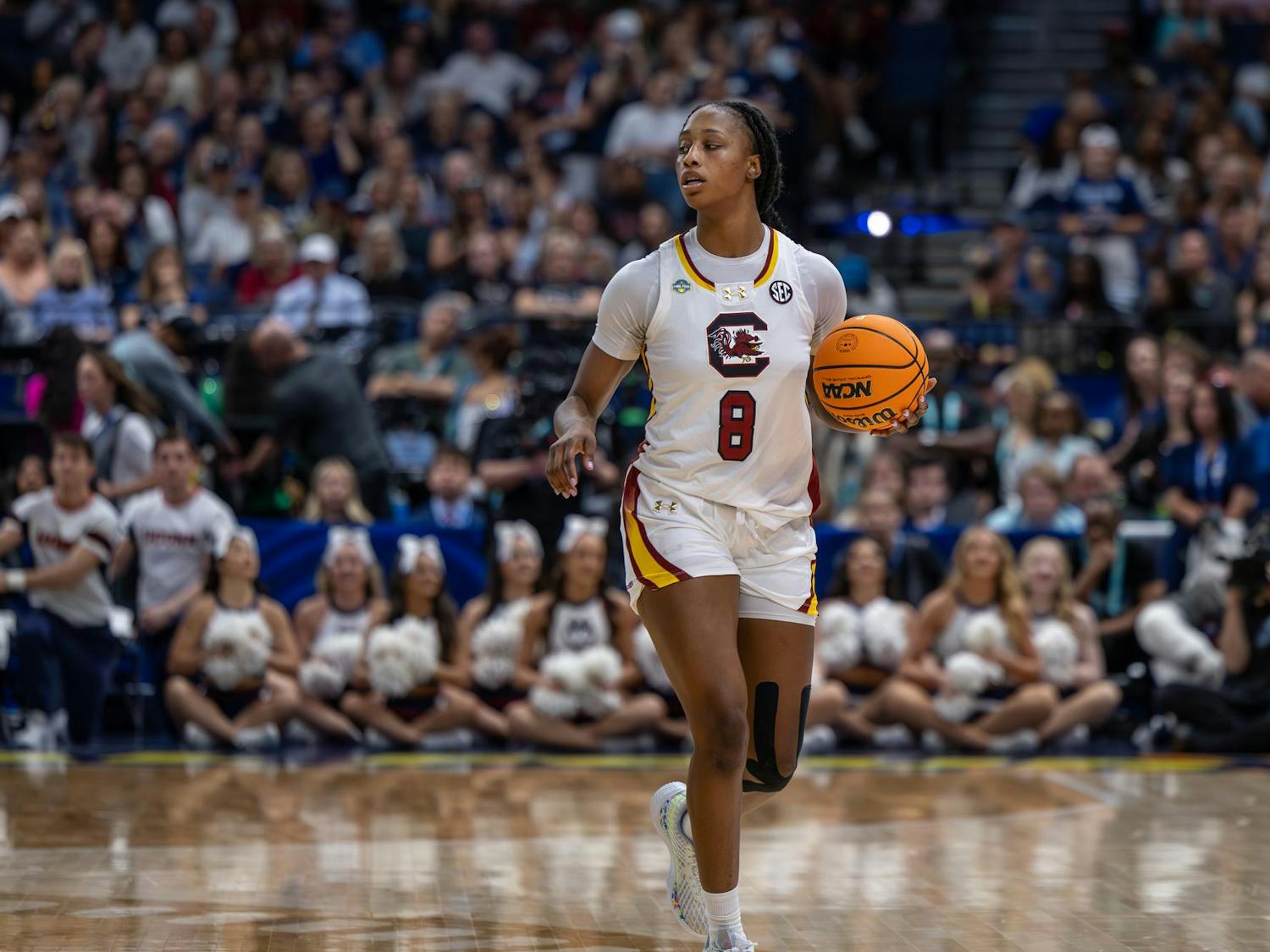 Freshman forward Joyce Edwards carries the ball down the court in the National Championship game against UConn on April 6, 2025 at Amalie Arena. Edwards scored 10 points in the Gamecocks' 82-59 loss to the Huskies.