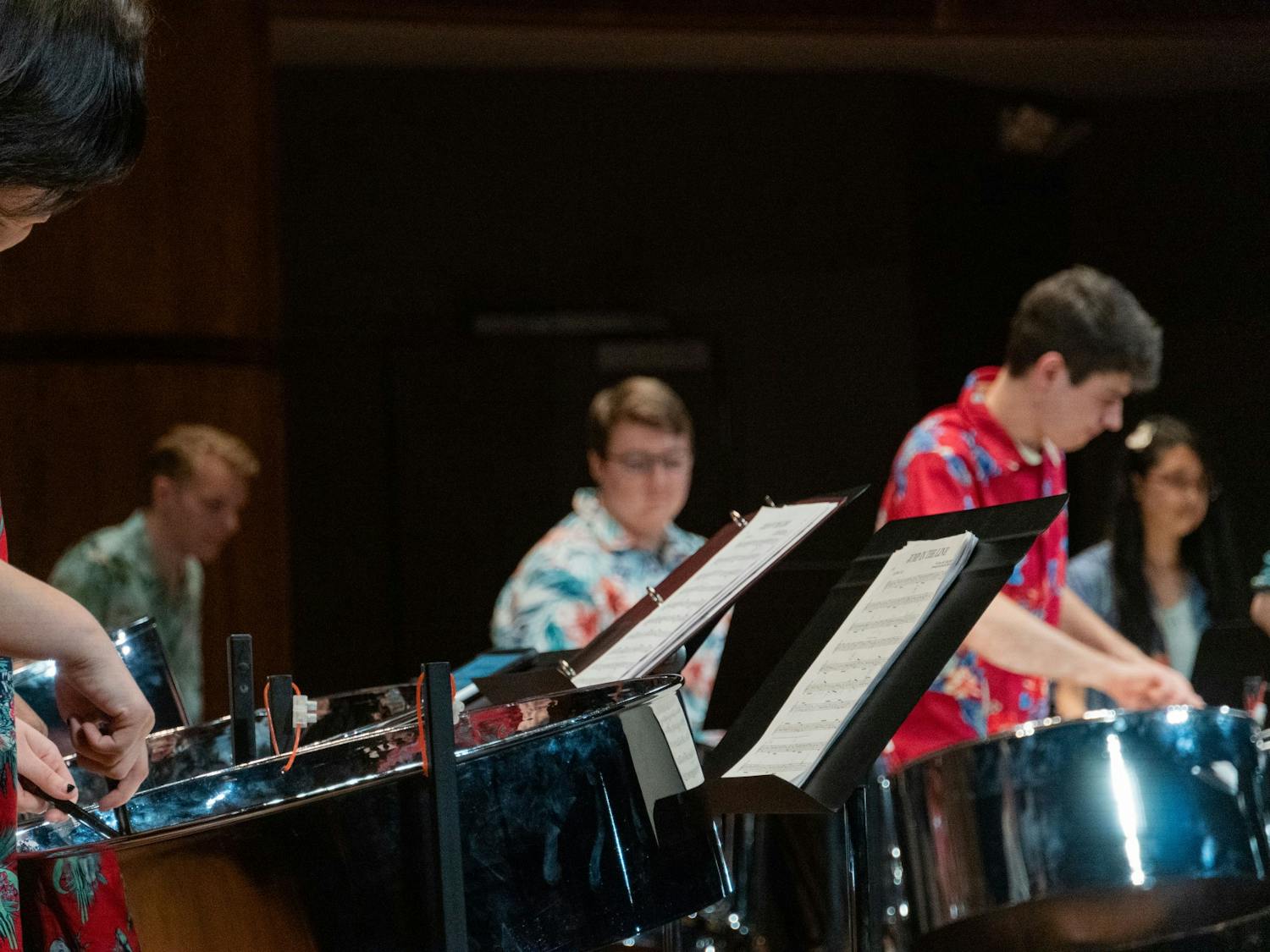 The Palmetto Pans bang against steel pan drums during a concert at the USC School of Music Tuesday evening, April 5, 2022. The music group composed of USC students performed a variety of songs most of which were island compositions from Trinidad and Tobago.