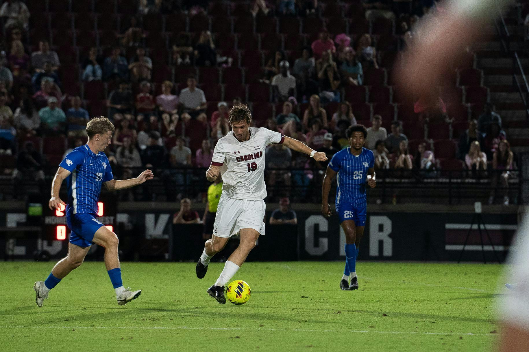 FILE - Graduate student forward Martin Yahia goes against Kentucky defenders during a matchup at Eugene E. Stone III Stadium on Oct. 4, 2024. The Wildcats defeated South Carolina 2-0 in October, making the Nov. 10 Sun Belt Tournament the team’s second loss to Kentucky.