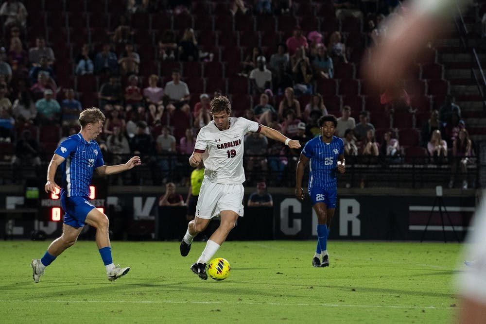 <p>FILE - Graduate student forward Martin Yahia goes against Kentucky defenders during a matchup at Eugene E. Stone III Stadium on Oct. 4, 2024. The Wildcats defeated South Carolina 2-0 in October, making the Nov. 10 Sun Belt Tournament the team’s second loss to Kentucky.</p>