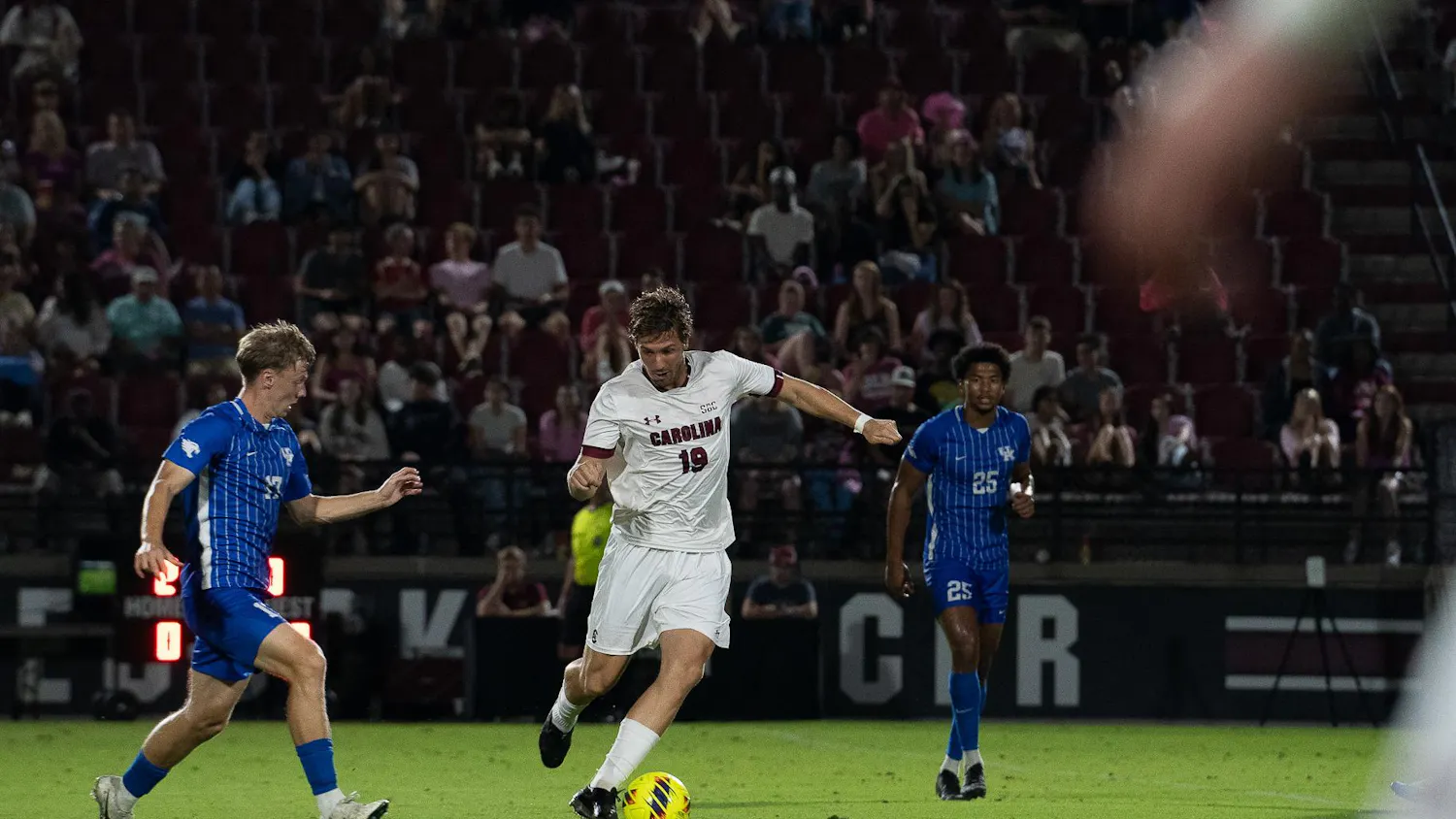FILE - Graduate student forward Martin Yahia goes against Kentucky defenders during a matchup at Eugene E. Stone III Stadium on Oct. 4, 2024. The Wildcats defeated South Carolina 2-0 in October, making the Nov. 10 Sun Belt Tournament the team’s second loss to Kentucky.