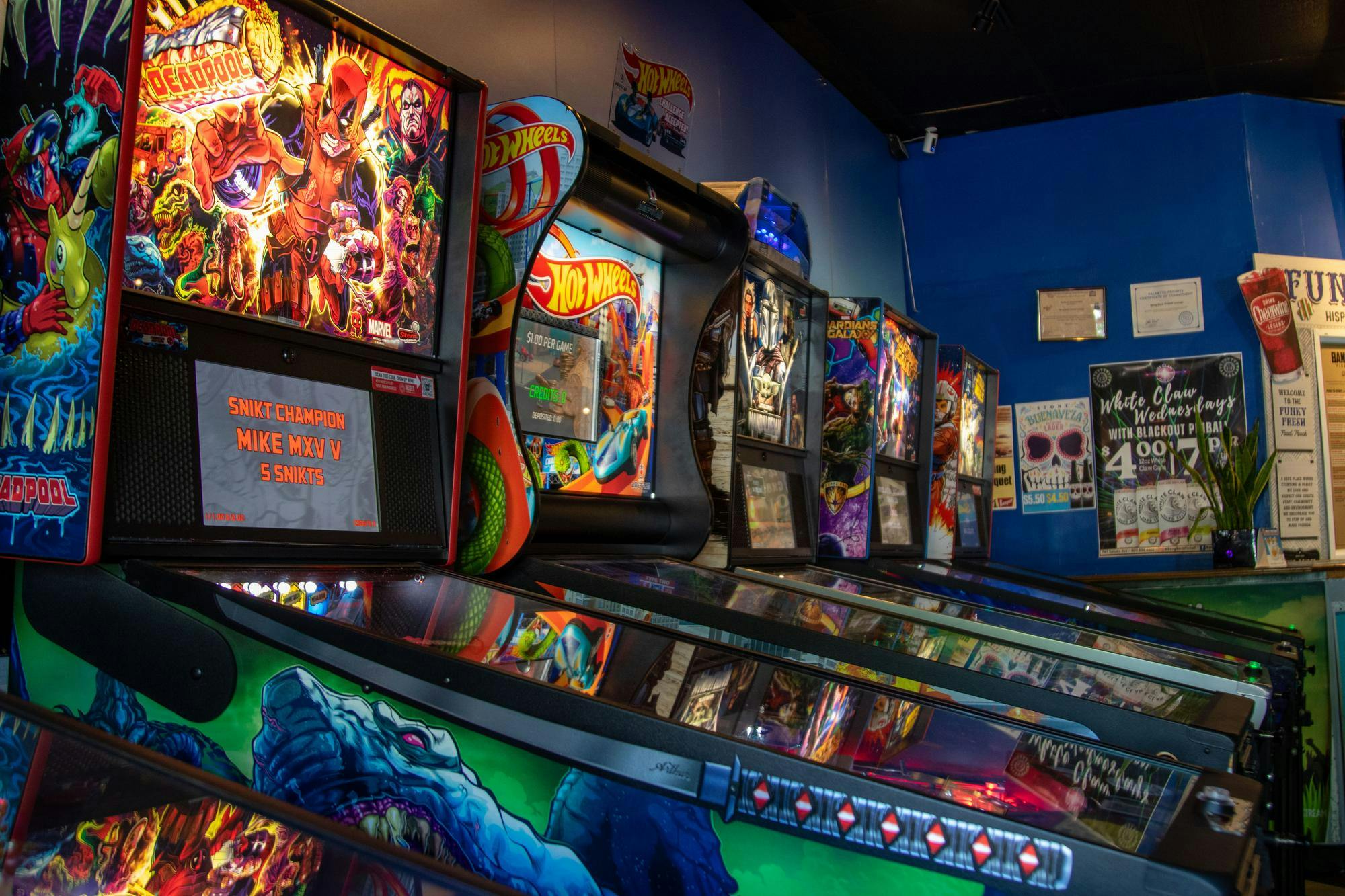 A row of pinball machines at Bang Back Pinball Lounge on July 5, 2024. Bang Back brought back its pinball league and hosts events every Tuesday.