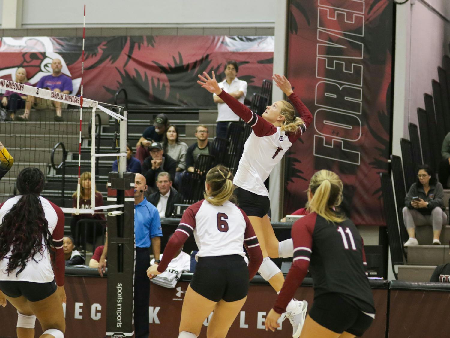 Senior outside McKenzie Moorman jumps up for a swing at the ball at South Carolina’s game against Mizzou on Oct. 1, 2022. Strong defensive play earned the South Carolina volleyball team two victories over conference opponent Missouri this weekend.&nbsp;