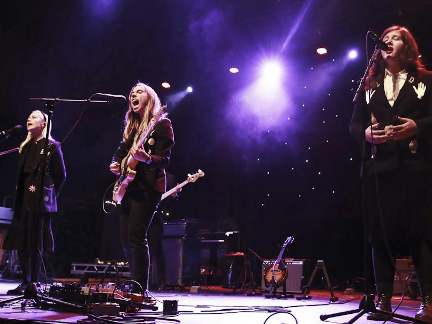 Phoebe Bridgers (left), Julien Baker (center) and Lucy Dacus (right) from boygenius perform at Thalia Hall in Chicago, Ill., on Nov. 12, 2018. The indie/folk rock band's debut album, "The Record," combines deep topics with harmonic gospel and worship tones.
