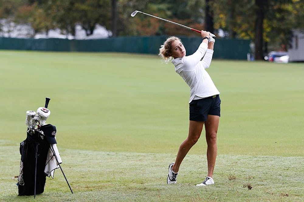Sophomore Pauline Roussin-Bouchard follows through after a swing in the East Lake Cup. The Gamecocks lost to Ole Miss in the championship round. 