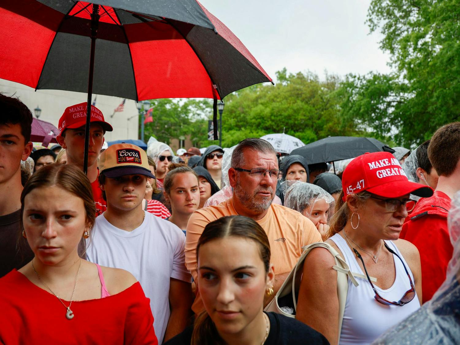 Attendees at the American Comeback Tour listen attentively during a debate between Charlie Kirk and another debater on April 7, 2025. Kirk, who founded the conservative advocacy, is currently touring various college campuses as part of a debate forum.