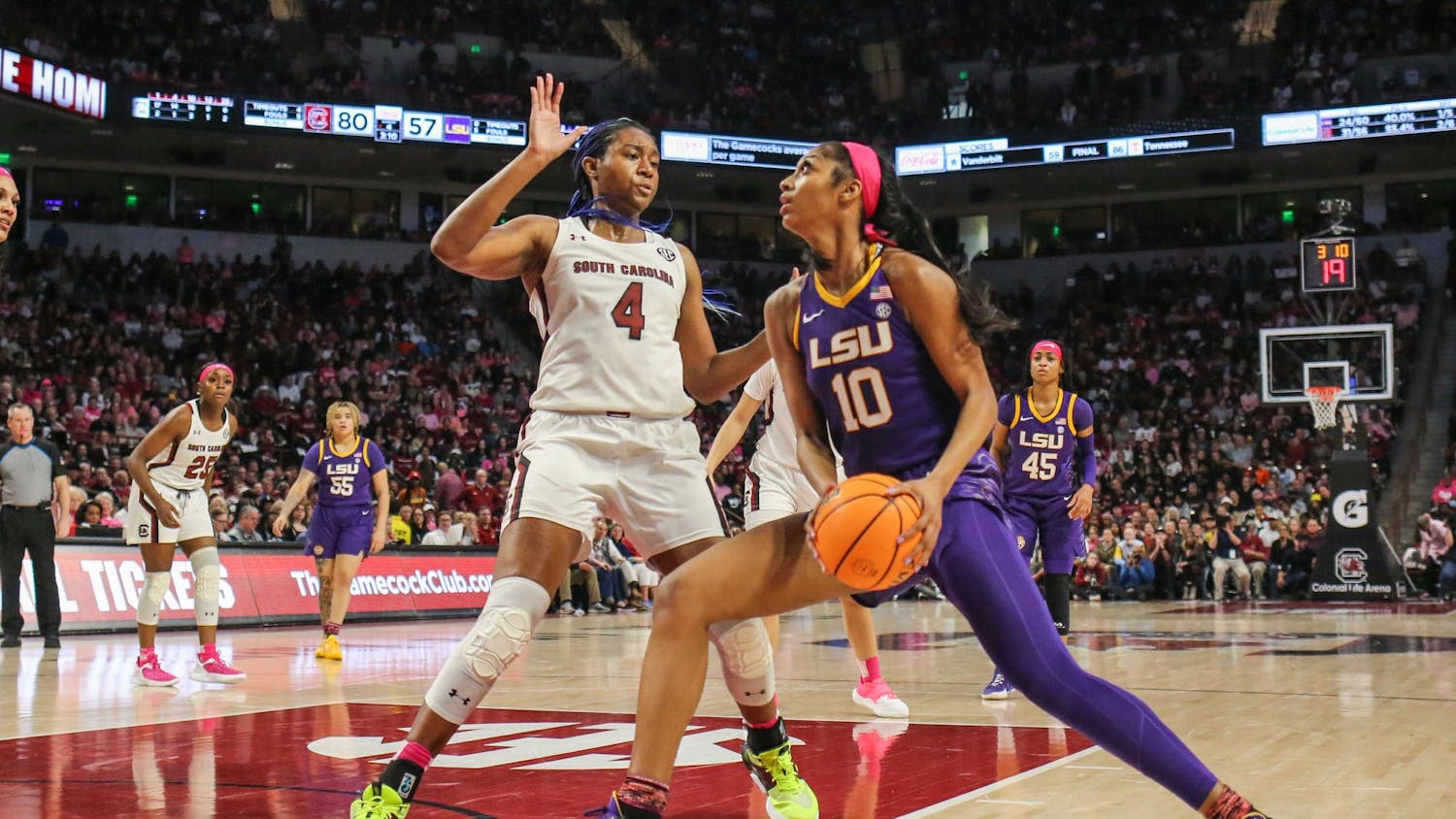 FILE - Senior forward Aliyah Boston guards LSU’s Angel Reese during South Carolina’s game against LSU at Colonial Life Arena on Feb. 12, 2023. The Gamecocks beat the Tigers 88-64.