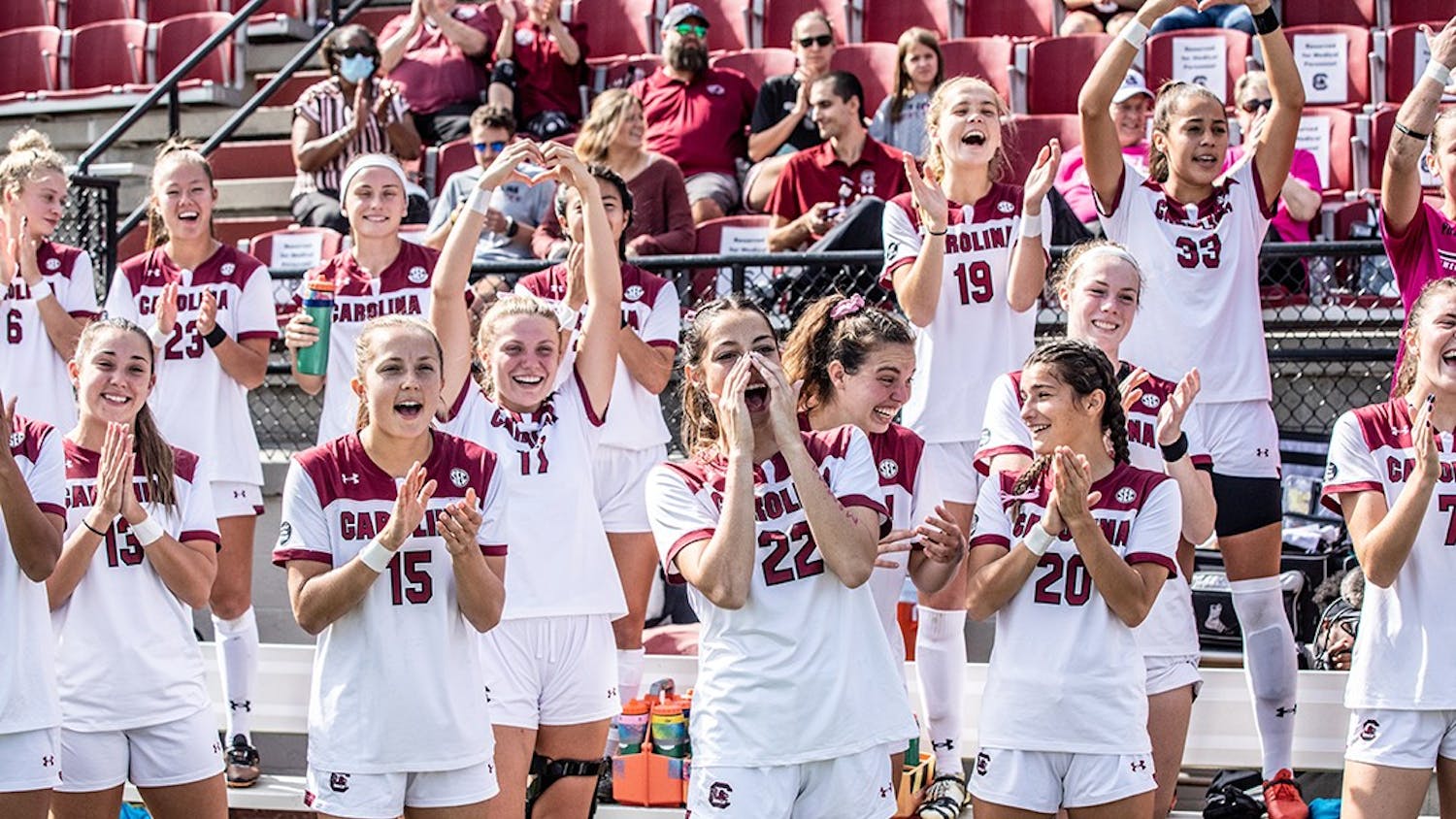 Graduate forward Ryan Gareis, and her teammates cheer at the game versus the Alabama team. The Gamecocks defeated Hofstra 3-0 on Friday, Nov. 19, which advances them to the Round of 16 of the NCAA Tournament.